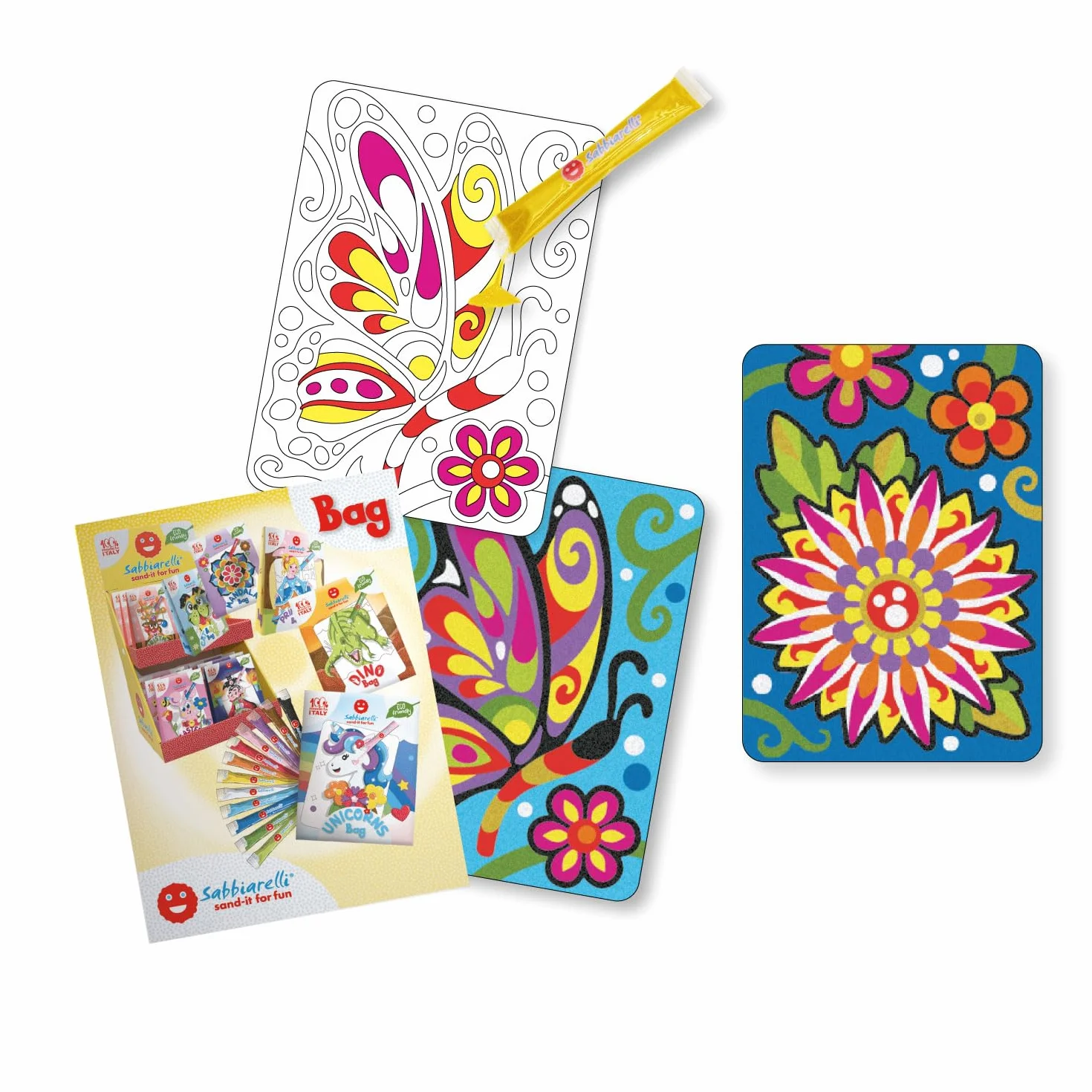 Sabbiarelli Sand-it For Fun Bag Secret Garden Mini Kit Sand Art z Kwiatem i Motylem 100% Made in Italy Kolorowy Piasek Rysunki Samoprzylepne Hobby 10+