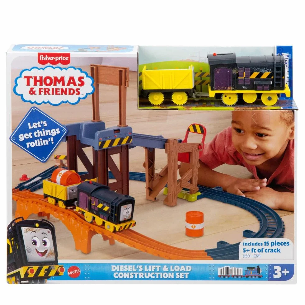 Thomas & Friends Diesel – Załadunek na budowie Zestaw kolejowy z torem + zabawka pociąg z napędem, wagonem i beczkami do zabawy dla dzieci od 3 roku życia, JBW20