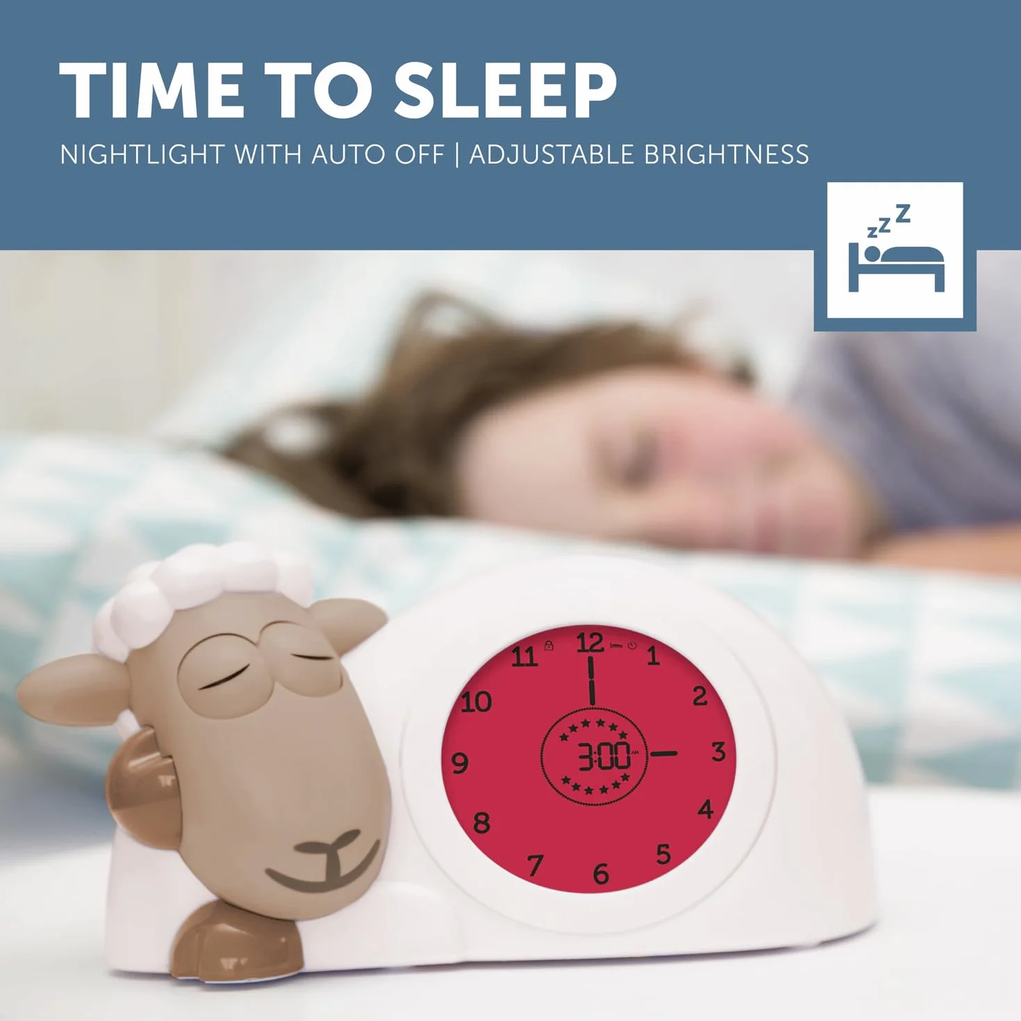 Zazu Sam The Lamb zegar do trenera snu i lampka nocna dla dzieci, regulowana jasność, automatyczne wyłączanie, brązowy