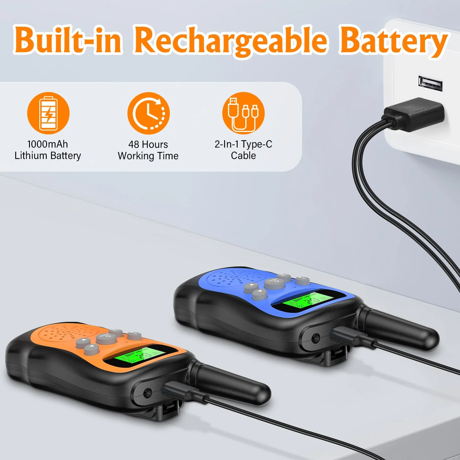 Walkie Talkie Kinder 2er Set, Pakinui Walky Talky mit 1000mAh Aufladbar Akku, Große Reichweite 3km Walki Talki Funkgeräte Set mit VOX Taschenlampe für Freien, Camping, Wandern