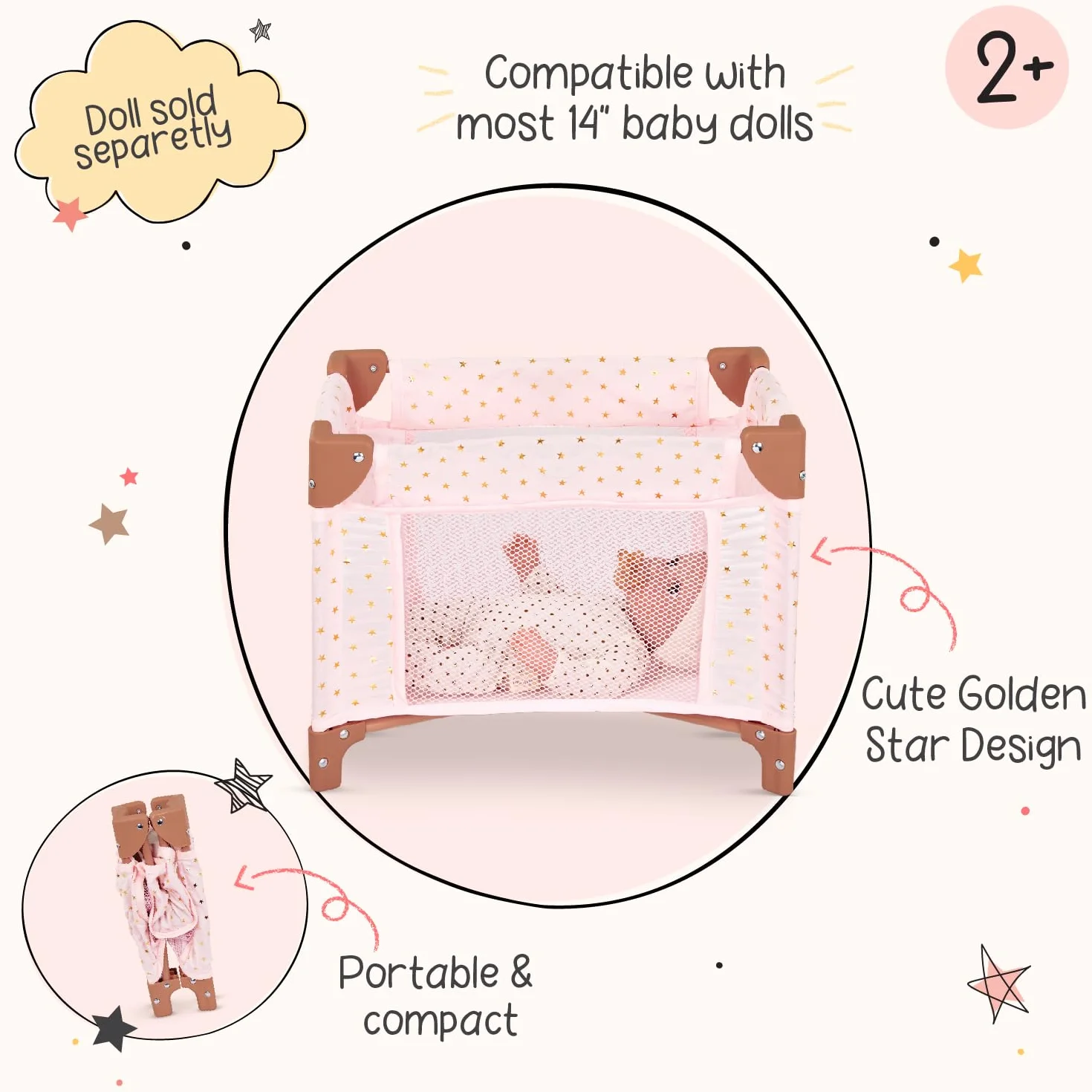 LullaBaby Składany kojec – różowe łóżeczko – gwiazda – nadruk – 35 cm akcesorium do pokoju dziecięcego dla lalek – zabawa w udawanie – kojec dla dzieci od 2 roku życia