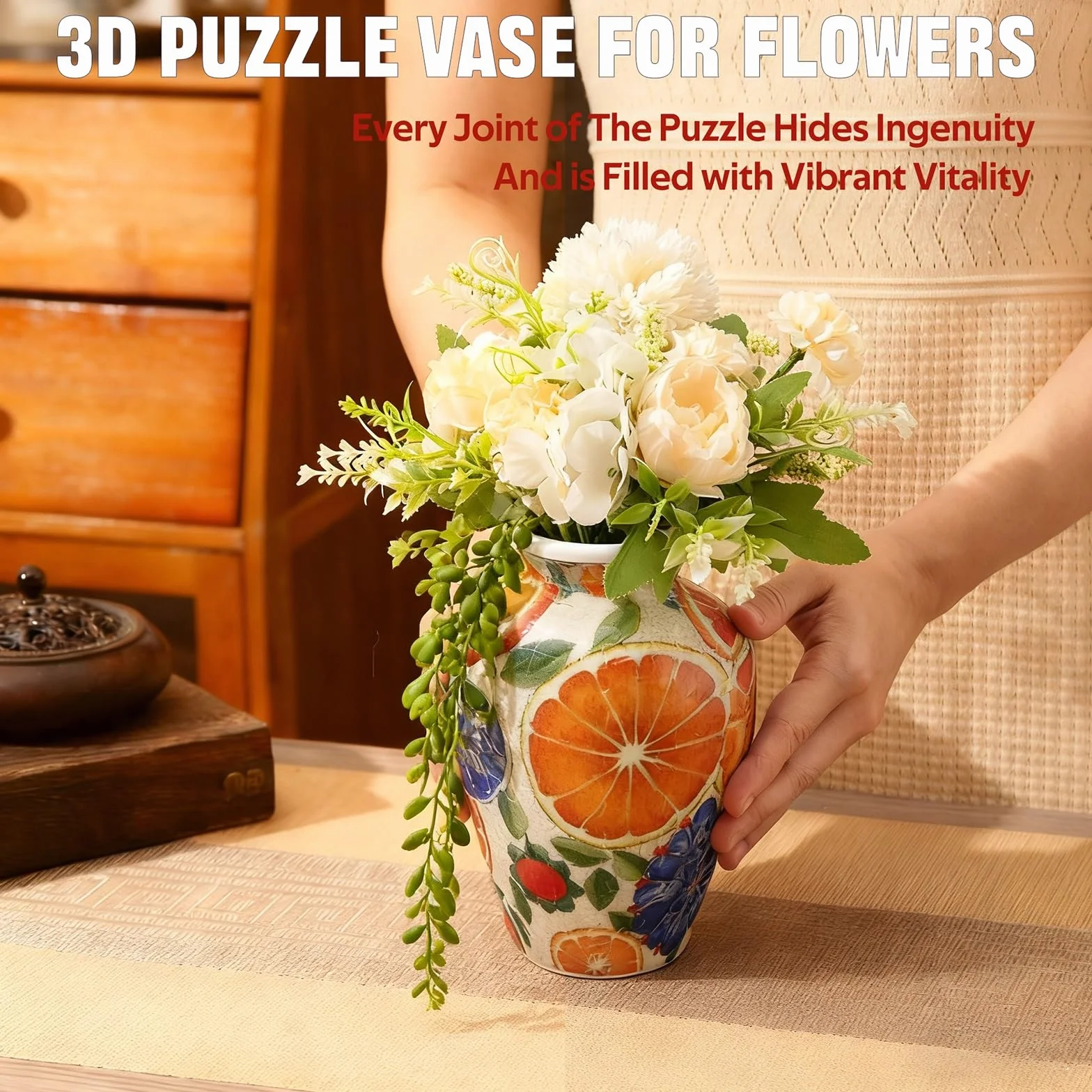 Wazon 3D dla dorosłych, 120 sztuk, puzzle DIY, zakrzywione puzzle 3D z kolumną wody, idealne do eksponowania prawdziwych lub sztucznych kwiatów i kompozycji kwiatowych (białe kwiaty)