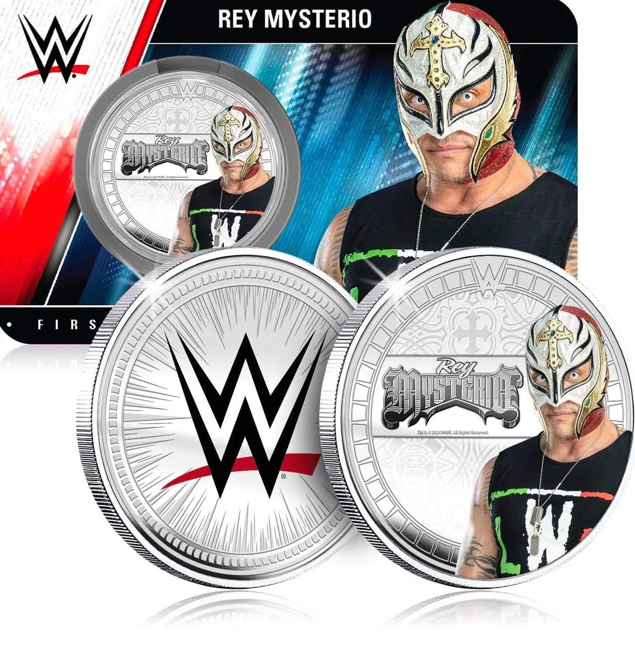 FANTASY CLUB Król Mysterio WWE 32 mm Oficjalna moneta kolekcjonerska - hołd dla mistrza '619 i legenda walki powietrznej - limitowana edycja dla fanów i kolekcjonerów
