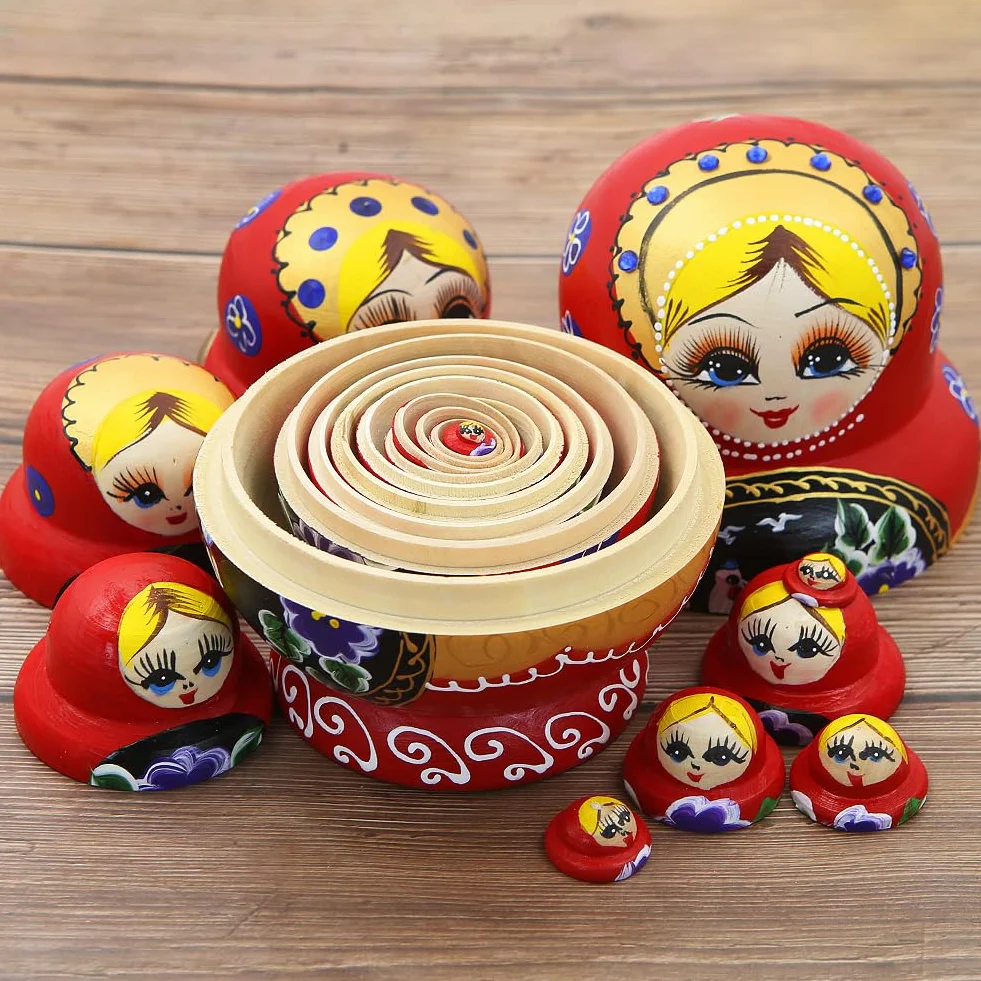 Boerni 10 czerwonych dziewczynek, zagnieżdżone lalki, blondynka dziewczyna cyrkonie kwiat drewniany ręcznie robione rosyjskie lalki matrioszka, lalki, prezenty dla dzieci, urodziny, dom, Boże