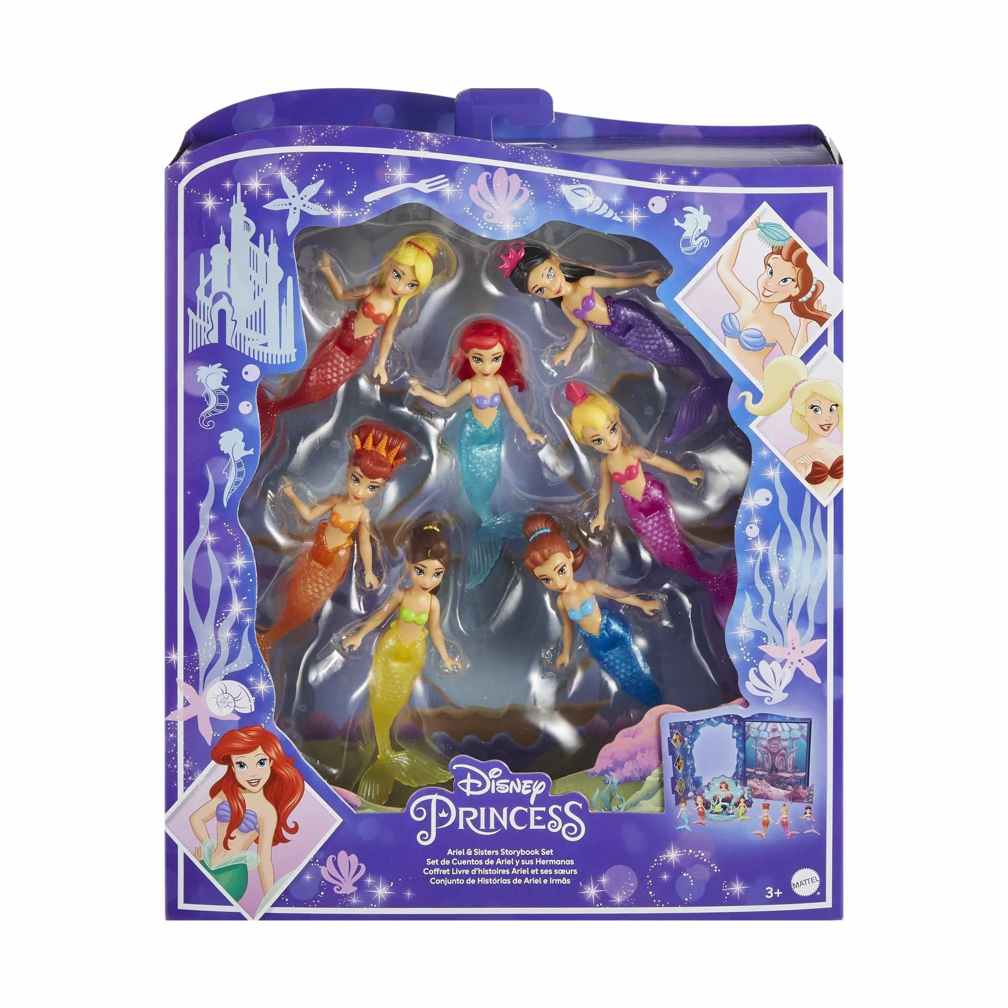 Mattel Księżniczka Disneya Arielka z siostrami Zestaw książka z 7 małymi lalkami syrenkami, figurkami i akcesoriami inspirowanymi filmem „Mała syrenka” Disneya HLW96