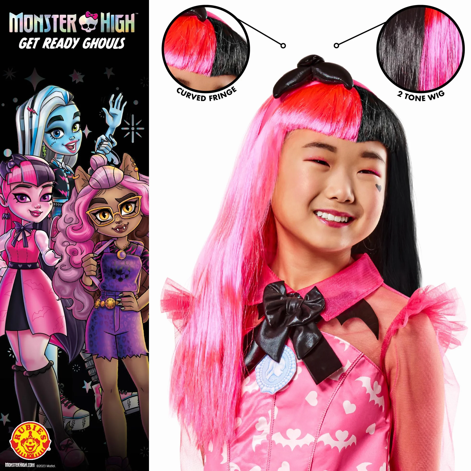 RUBIES klasyczny kostium Draculaury, 5-13 lat lub peruka Draculaura, jeden rozmiar, przebranie dla dzieci, na Halloween, urodziny, karnawał, pomysł na prezent świąteczny