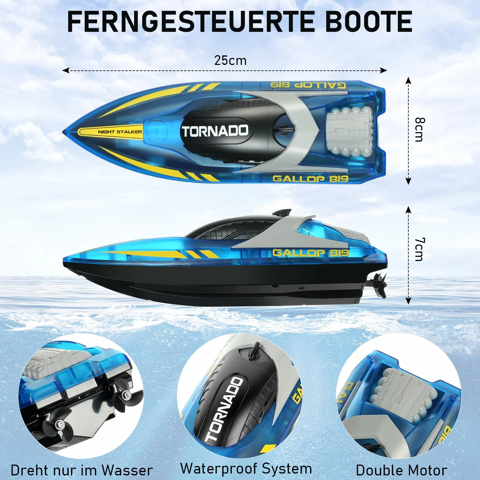 HOTUT Zdalnie sterowana łódź, Speedboat, 15+ km/h RC, łodzie wyścigowe 2,4 GHz z diodami LED, regulowany akumulator Speedboot 1200 mAh, dla dorosłych i dzieci od 14 lat