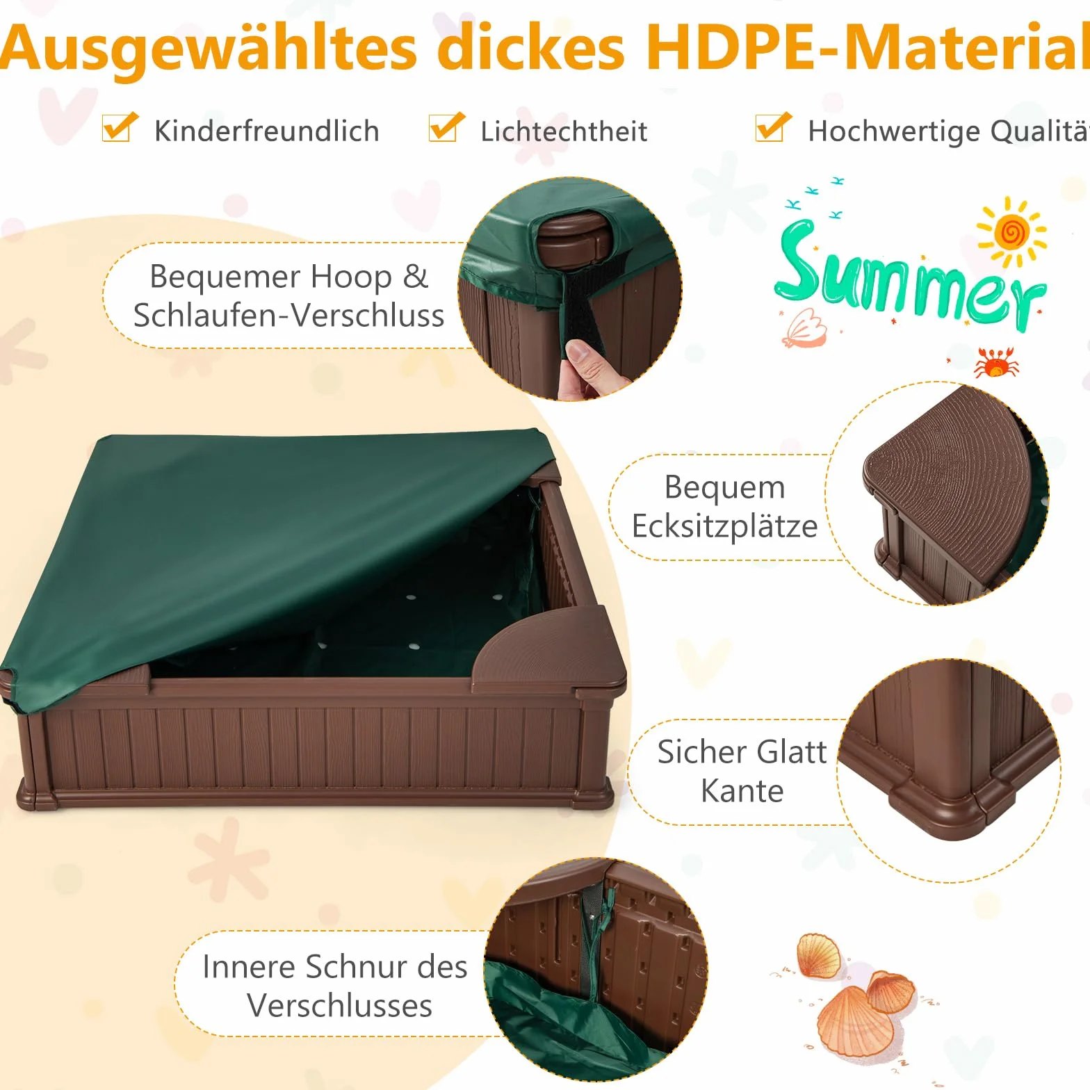 GOPLUS Piaskownica dziecięca 123,5 x 123,5 cm, piaskownica z odporną na warunki atmosferyczne pokrywą i ściereczką tapicerowaną z otworami, piaskownica z 4 ławkami, dla dzieci od 3 lat, do ogrodu, na