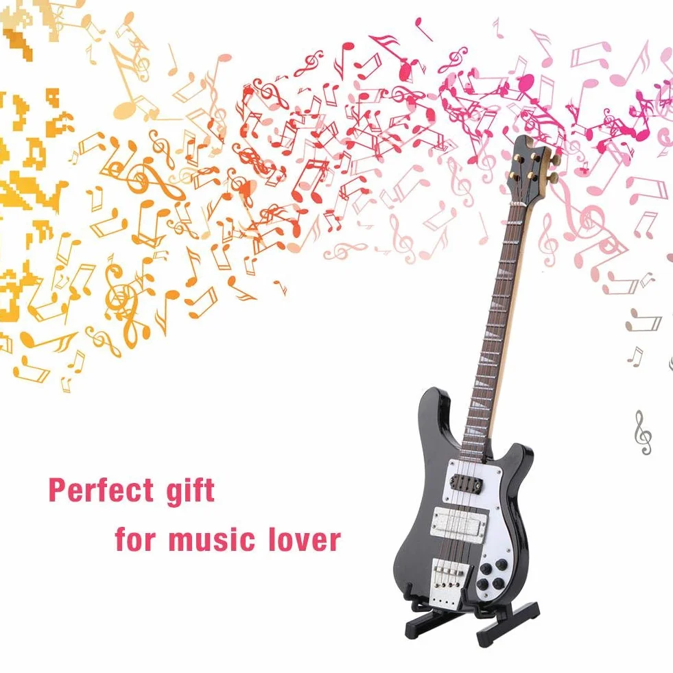Instrument gitarowy, czarna miniaturowa replika gitary basowej ze stojakiem i etui instrument model ozdoby