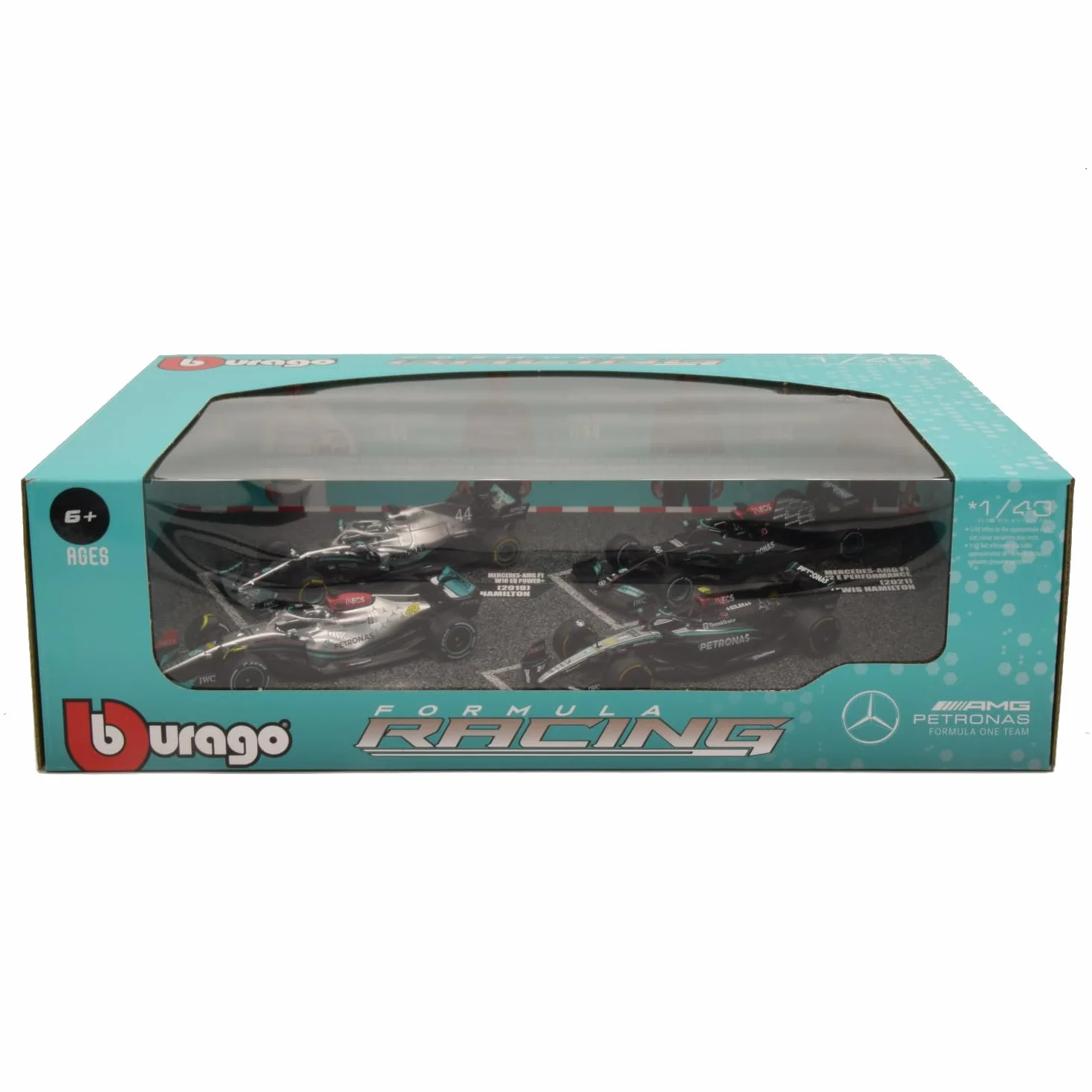 F1 MERCEDES AMG Petronas W12 W13 W14 zestaw 4 modeli samochodów Formuła 1 F1 2021-2023 - LEWIS HAMILTON GEORGE RUSSEL - Skala 1:43 12 cm - BBurago 38093