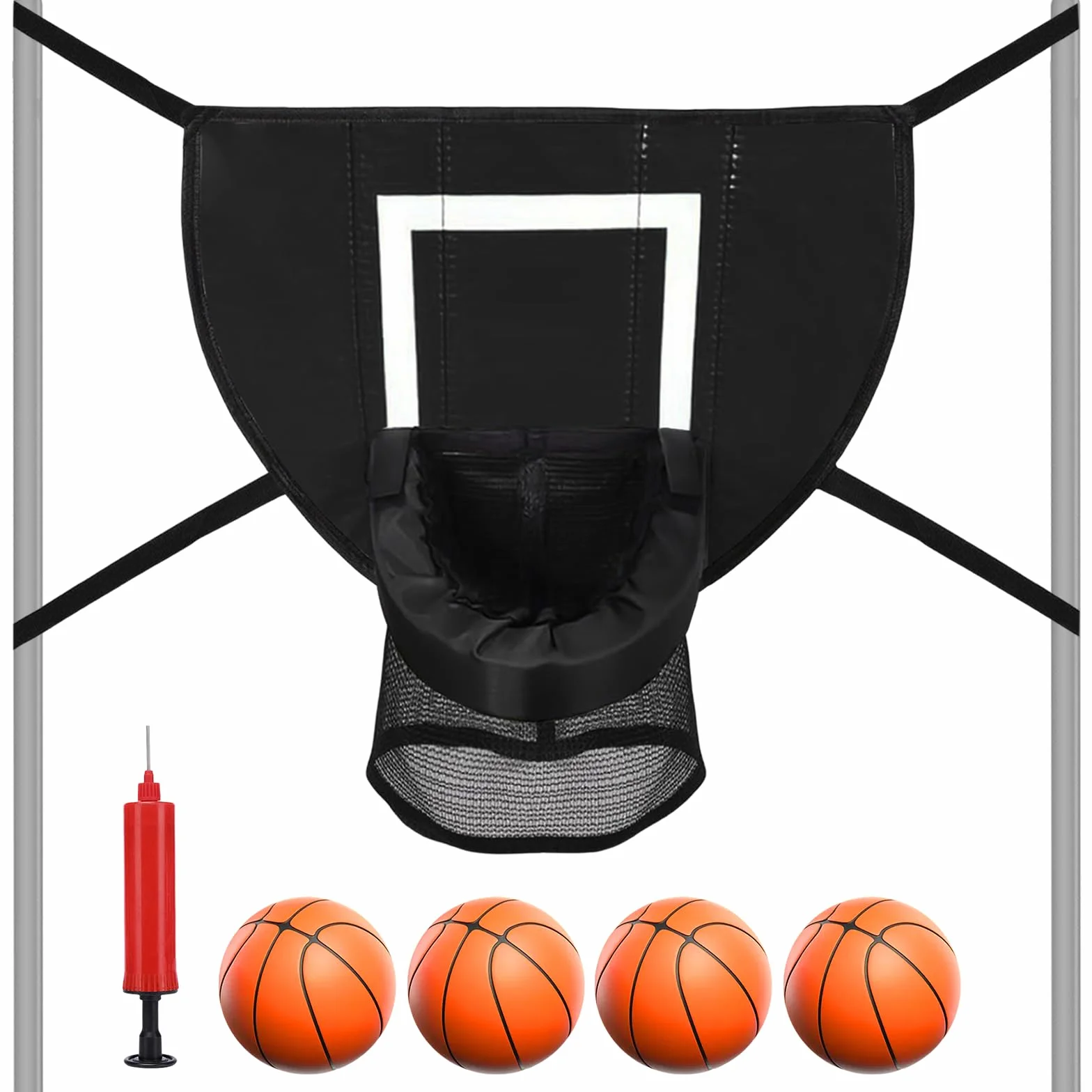 Kosz do koszykówki do trampoliny, do użytku wewnątrz, mini kosz do koszykówki, akcesoria do trampoliny z 4 mini piłkami do koszykówki i pompką, ochrona przed słońcem, stojak do koszykówki