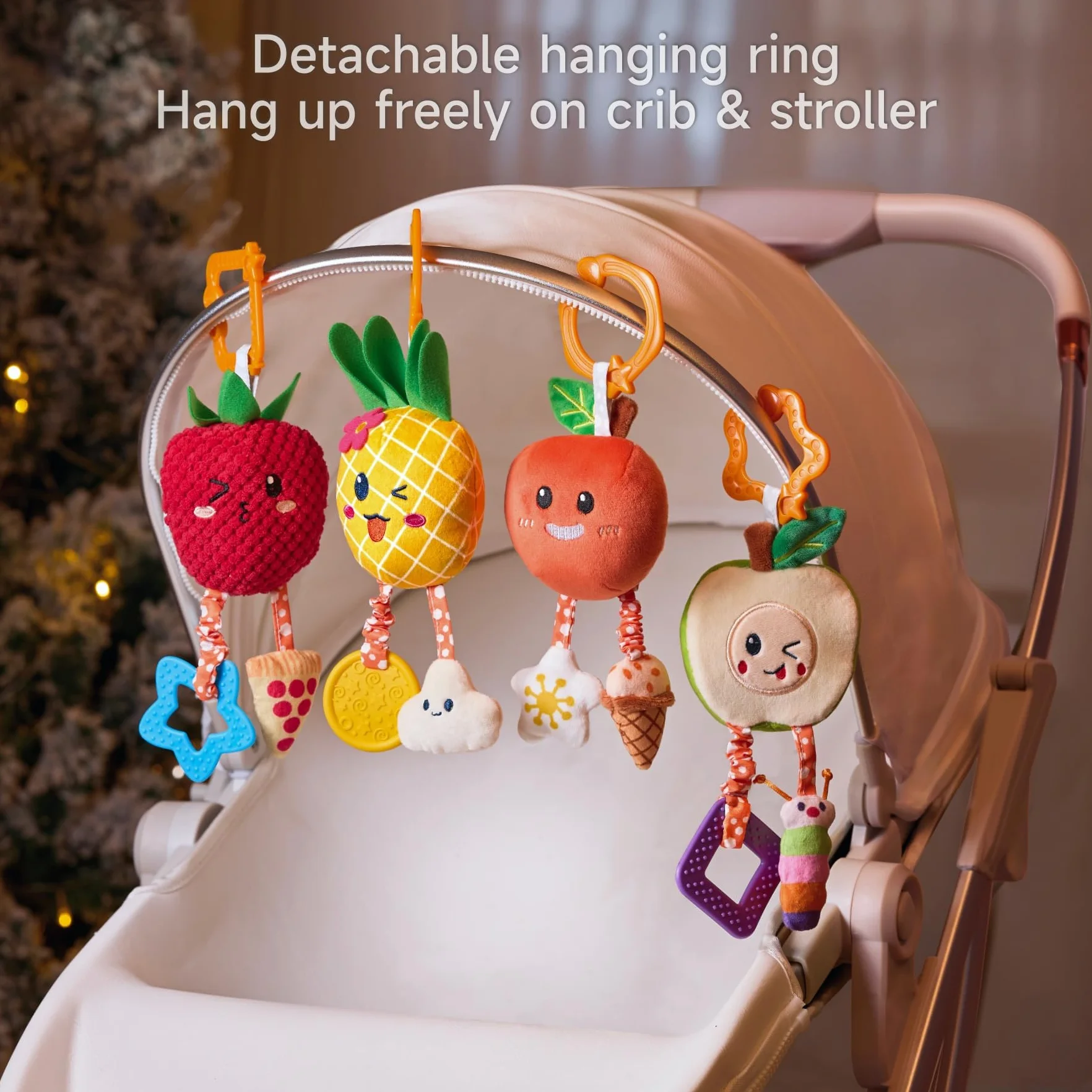 OR OR TU Zabawki dla niemowląt 0 3 6 9 12 miesięcy Łańcuch do wózka z gryzakiem Dzwonek 4szt Śliczne owoce Grzechotka dla niemowląt Gondola do łóżeczka Zabawka do wózka na prezent dla niemowląt