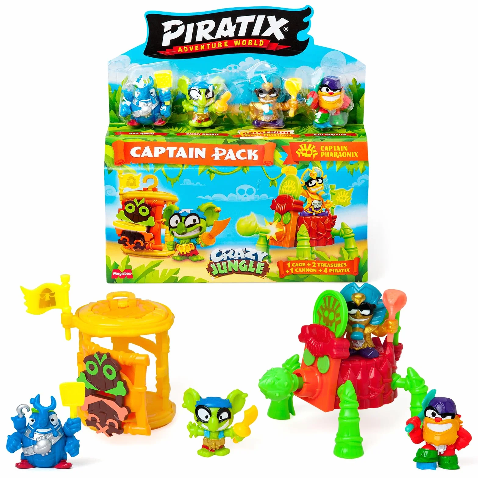 PIRATIX, ADVENTURE WORLD Seria Crazy Jungle, Captain Pack Pharaonix– zawiera 4 figurki Piratix,w tym 1 złotego kapitana,4 akcesoria,1 klatkę,1 armatę,2 ekskluzywne monety,2 flagi. Zestaw 4 z 6