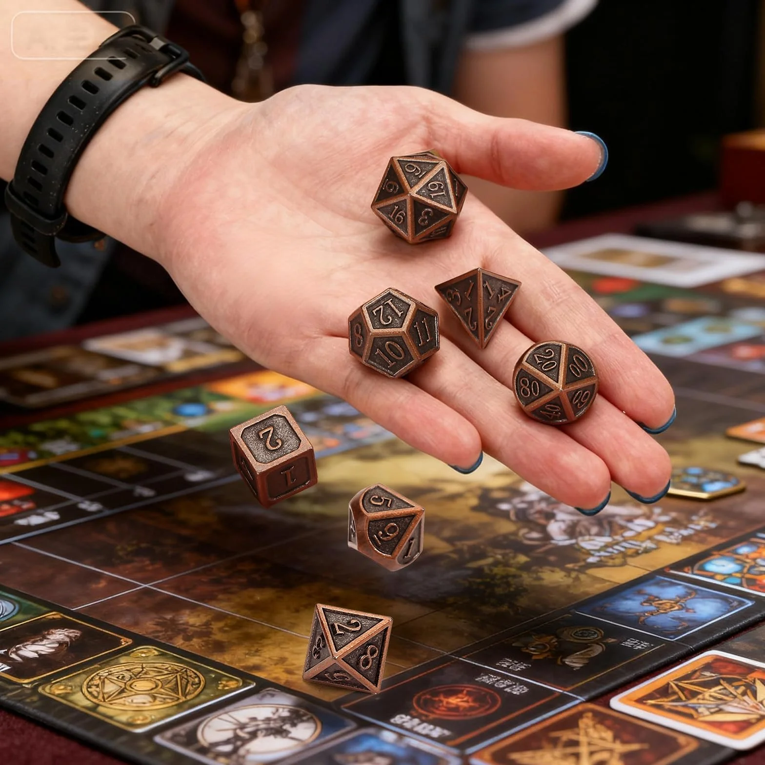 GWHOLE 7 sztuk wielościennych kostek metalowych do DND RPG MTG, antyczna miedź