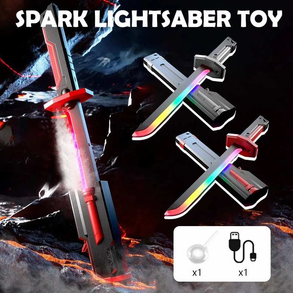 Sparkblade Sword with Sparks,LED Light Up Prop w/Mist Fog Effect,Glowing Cosplay Toys， Rechargeable, Flints Included(Red)