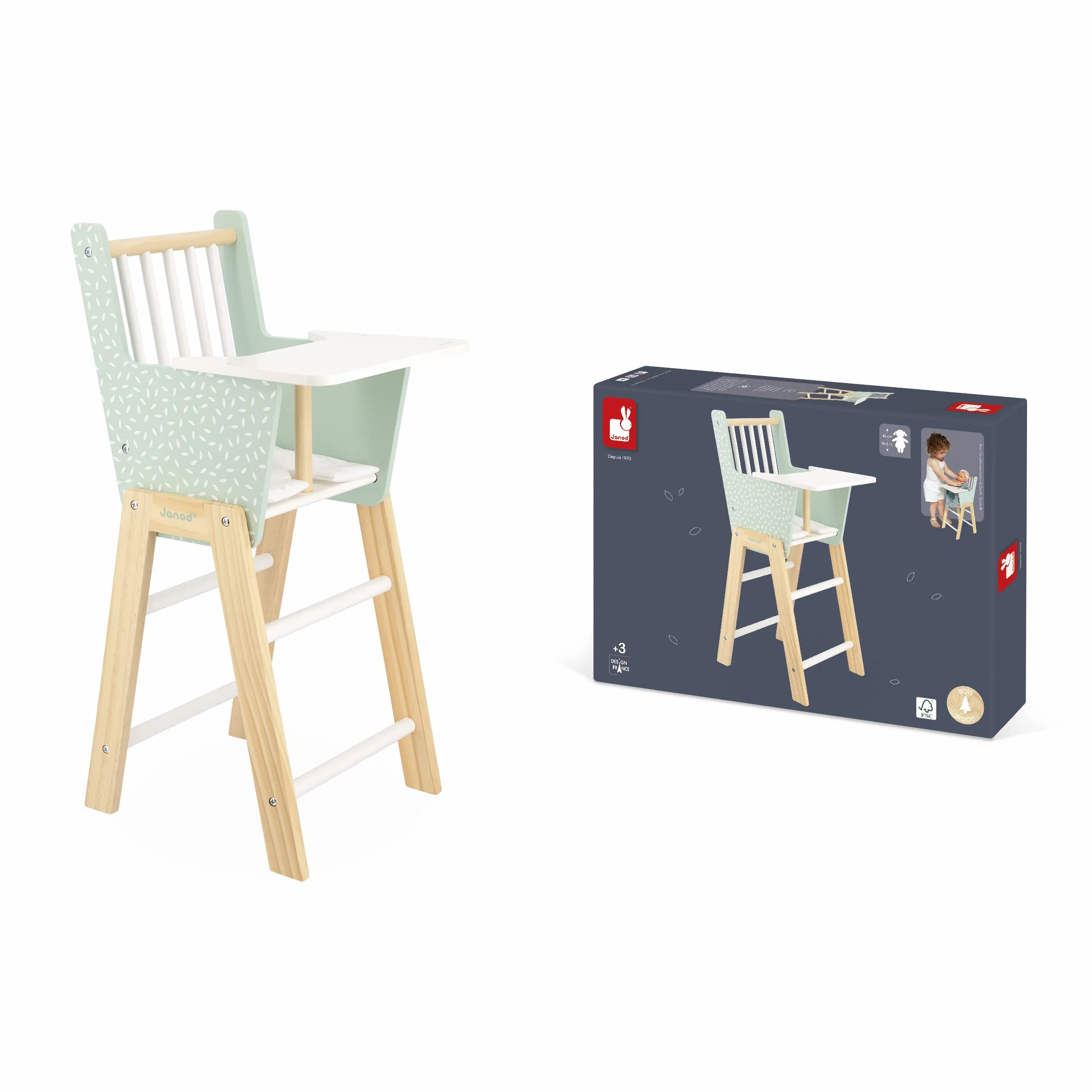 JANOD Zen Drewniany Wysokie krzesełko FSC-zabawka imitacja - akcesoria dla psi i lalki do 42 cm - od 3 lat, J05901, zielony, 22,5 x 28 x 53