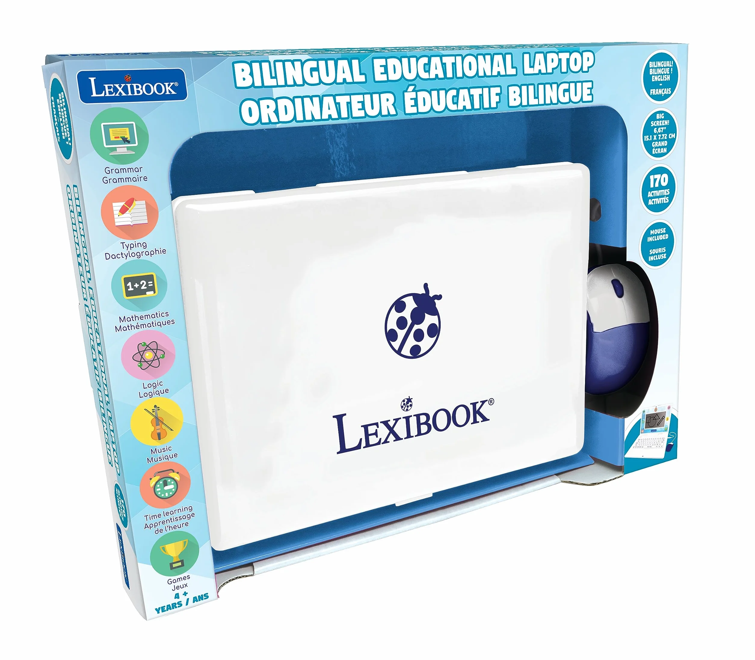 Lexibook Komputer Edukacyjny Dwujęzyczny Francuski, Angielski, Zabawka dla Dzieci, 170 Zajęć do Nauki Języków, Matematyki, Logiki i Zabawy, Duży Ekran, JC599i1, Biały