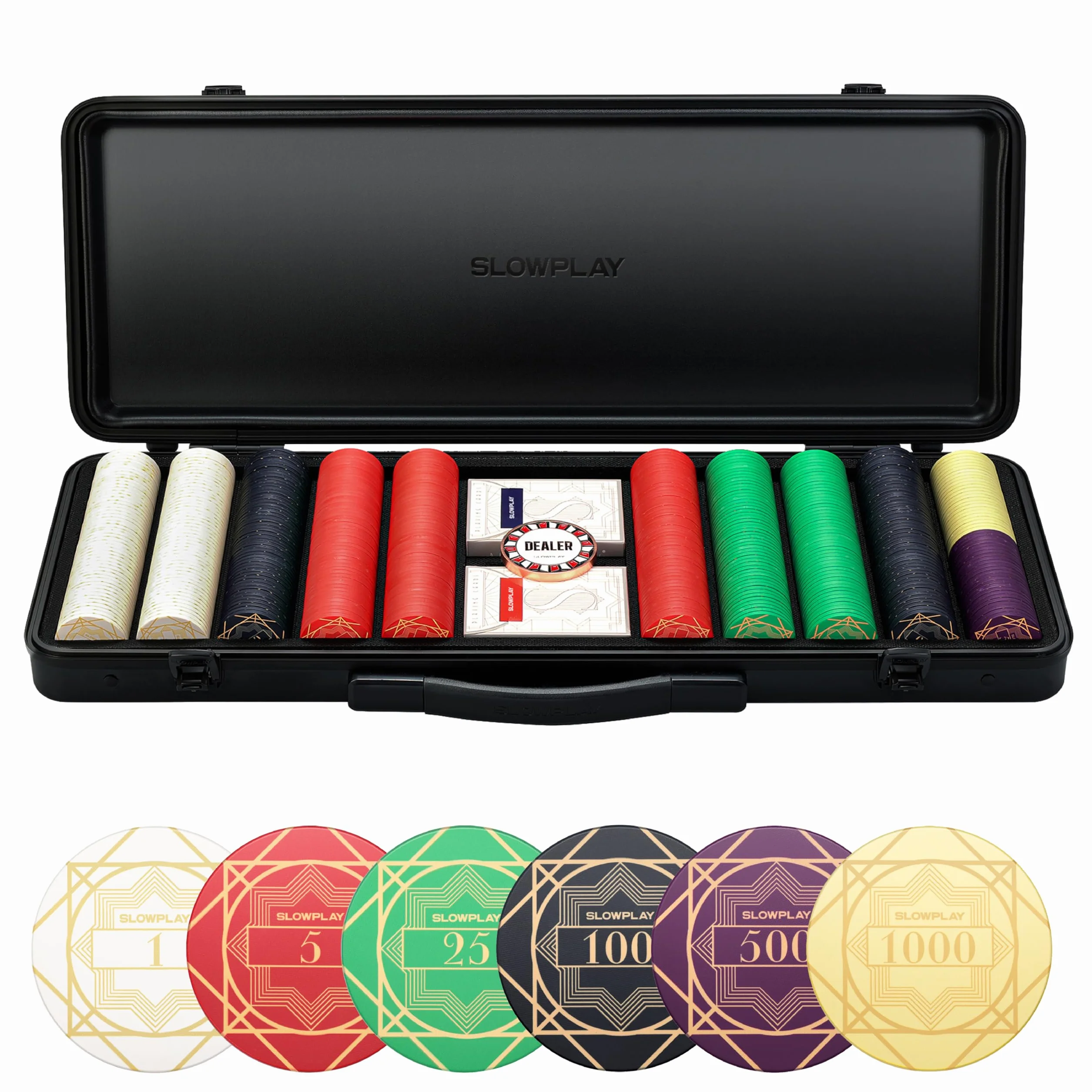 SLOWPLAY Ceramiczny zestaw żetonów do pokera Nash do Texas Hold'em, 500 szt. [z numerowanymi wartościami], żetony do pokera 43 mm, każdy po 12 g, zawiera wysokiej klasy obudowę z bardzo wytrzymałą