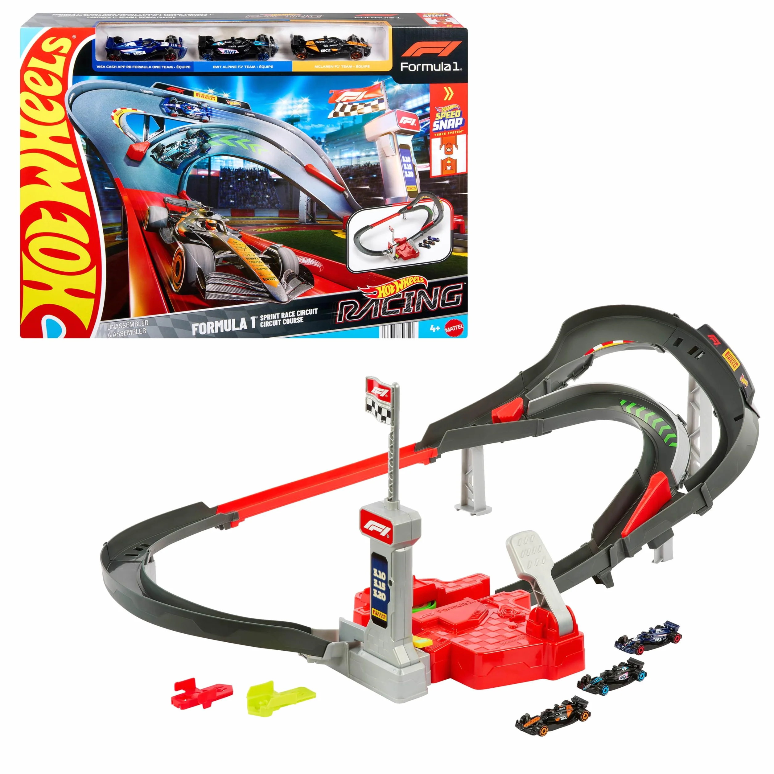 Hot Wheels Tor wyścigowy Formuła 1 Sprint F1 Zestaw 3 samochody metalowe 1:64 McLaren Alpine VCARB zabawka dla dzieci 4+ JDY15