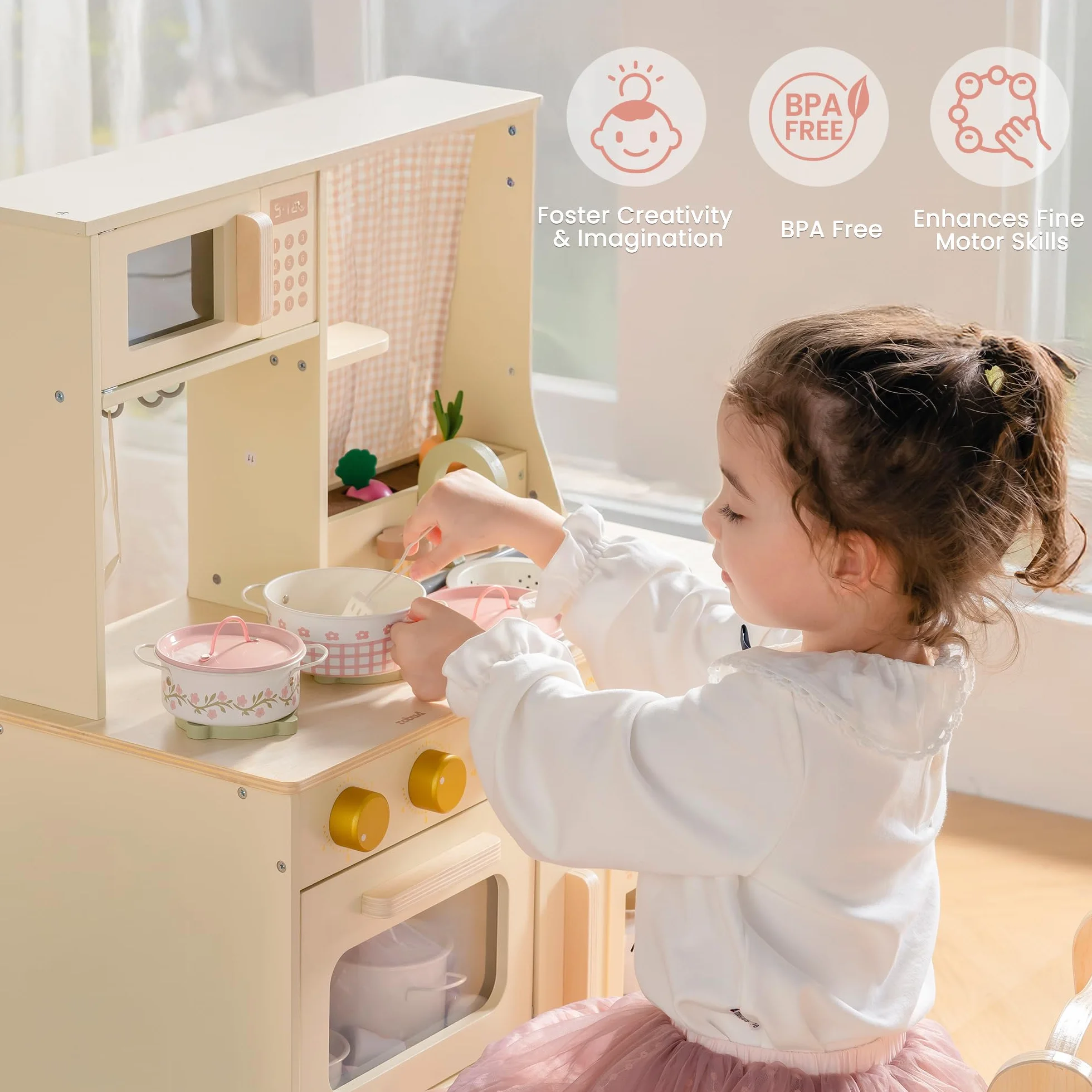 ROBOTIME Zestaw naczyń kuchennych z różowymi kwiatami, zabawkowe garnki i patelnie, kremowy francuski