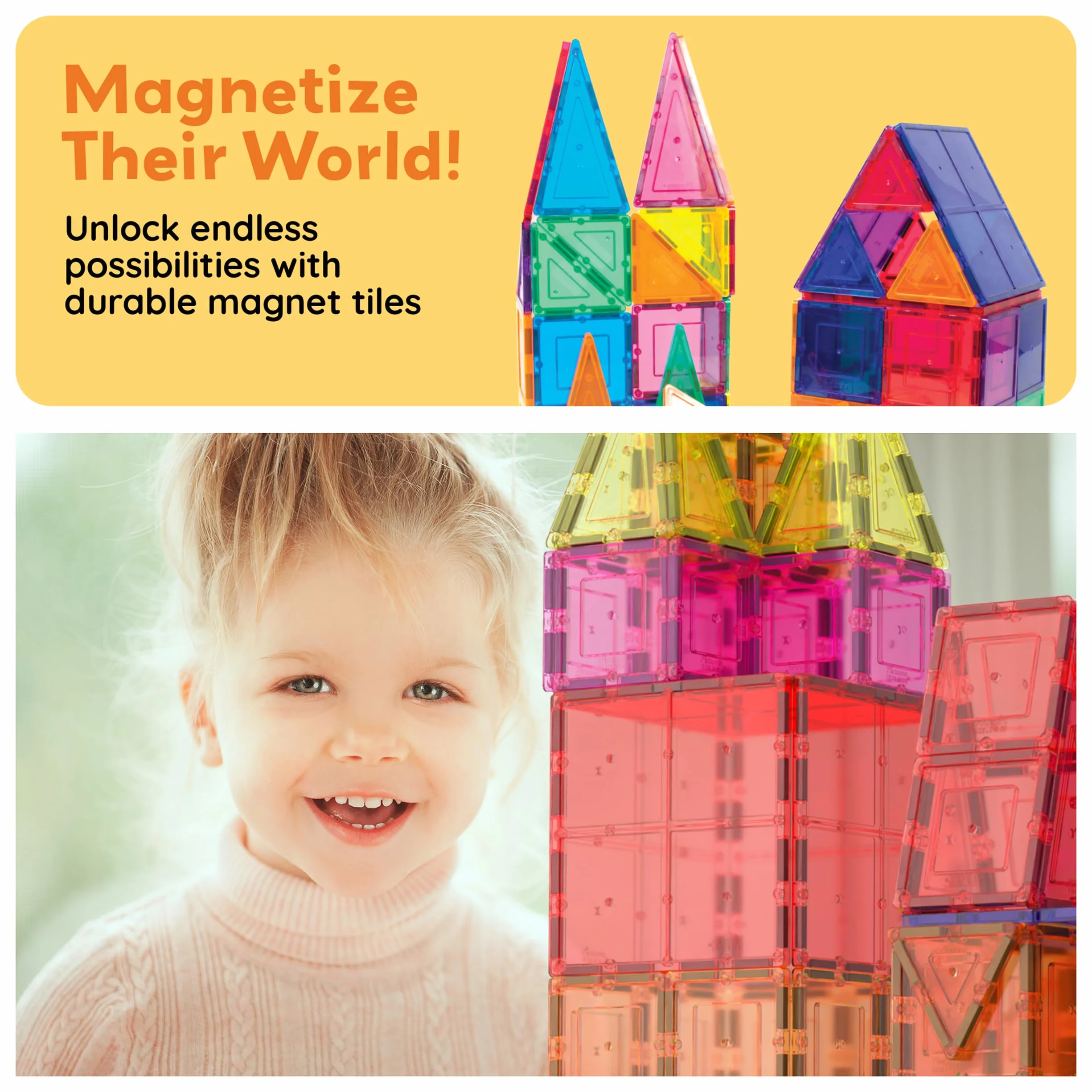 PicassoTiles Magnetic Tiles 60pcs Kids Toys Classroom Sensory Toy for Toddlers STEM Learning Building Blocks, Montessori Pretend Play Magnet Tile Construction Stacking Block Boys Girls Ages 3+ PT60