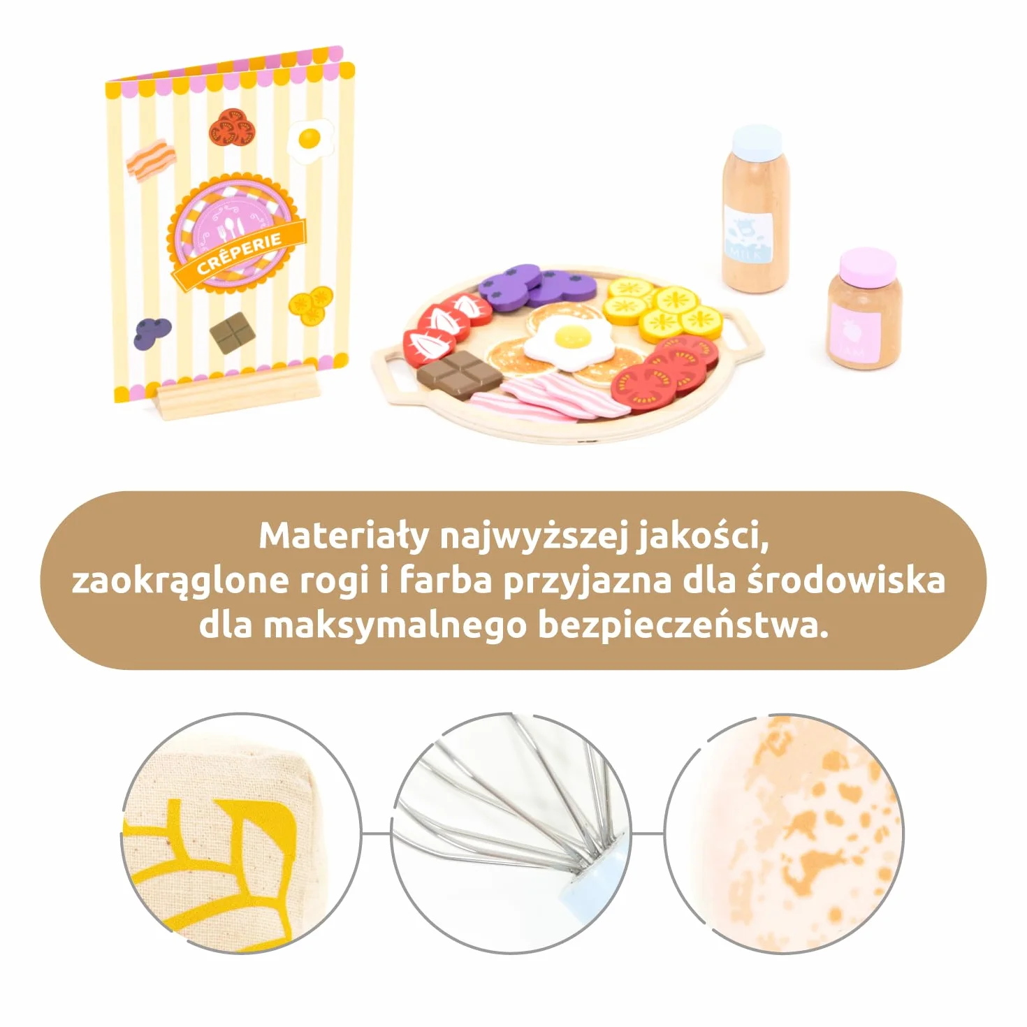 UMU® Naleśniki zestaw do zabawy z drewna – z patelnią, łopatką, syropem i innymi, zestaw do naleśników dla dzieci, 44-częściowy zestaw akcesoriów kuchennych dla małych kucharzy od 3, 4, 5 lat