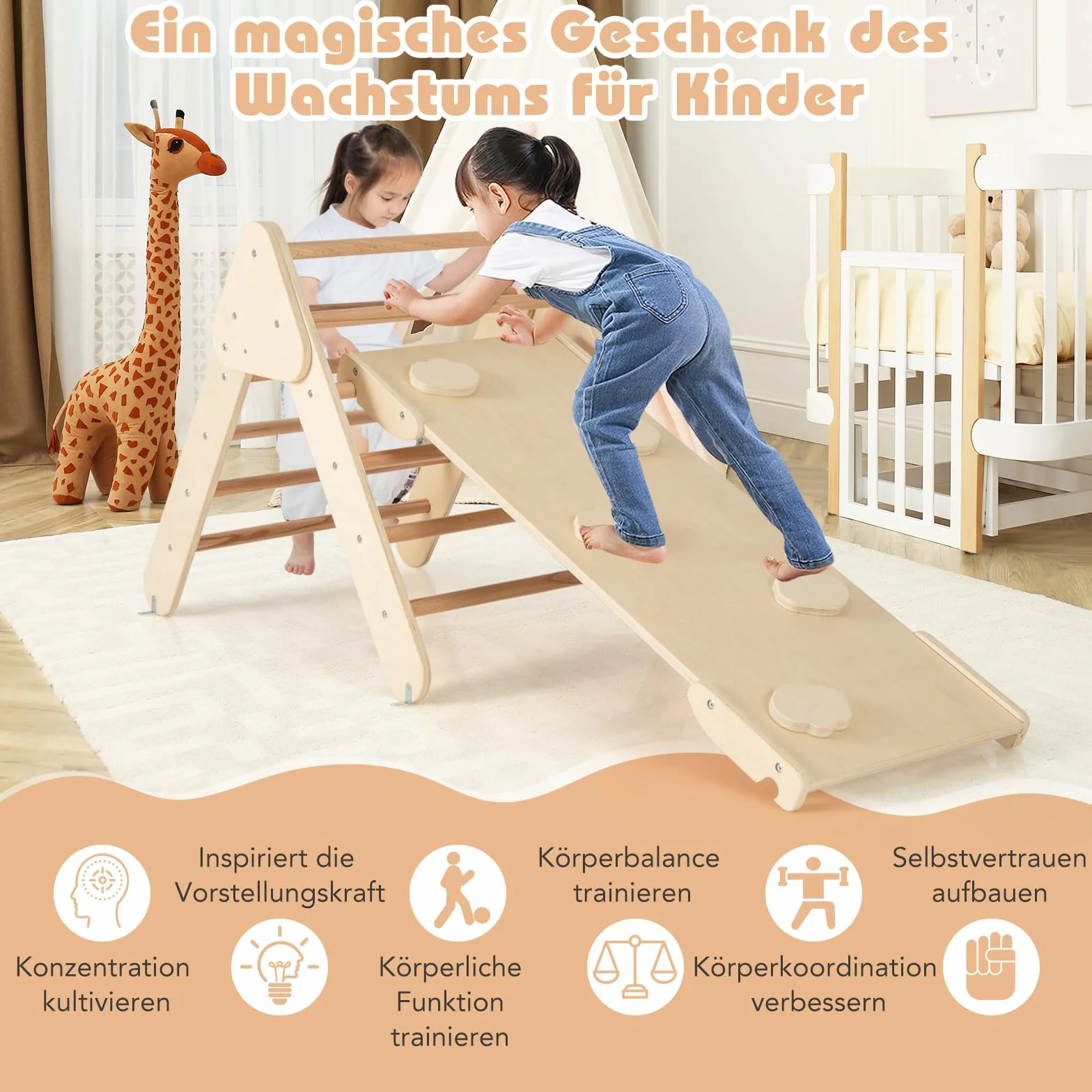 COSTWAY Trójkąt wspinaczkowy z zjeżdżalnią, łukiem do wspinaczki, w zestawie poduszka i dwustronna rampa, do wspinaczki, zjeżdżania i huśtania, 4 w 1 plac zabaw do wspinaczki do użytku wewnętrznego od