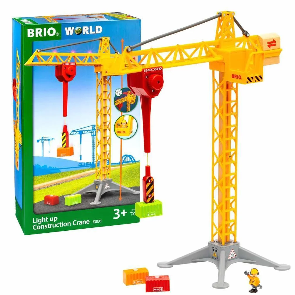 BRIO World 33835 Duży dźwig budowlany z oświetleniem - drewniane akcesoria kolejowe - polecane dla dzieci w wieku 3 lat i starszych