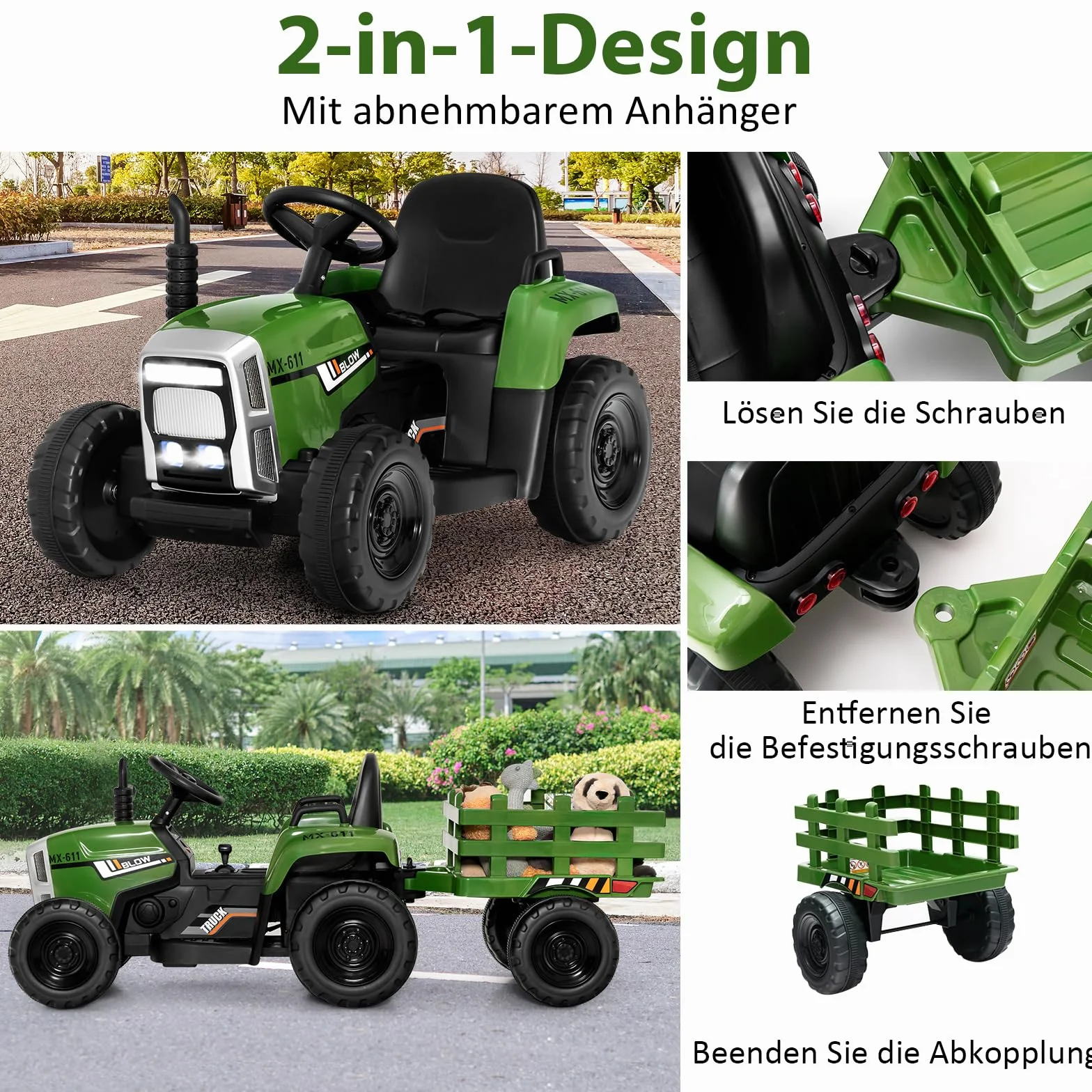 COSTWAY Traktor 12 V, 3-biegowy ze zdejmowaną przyczepą i pilotem zdalnego sterowania 2,4 G, traktor do siedzenia dla dzieci ze światłami LED, muzyka, klakson i funkcje USB, odpowiedni dla dzieci od 3