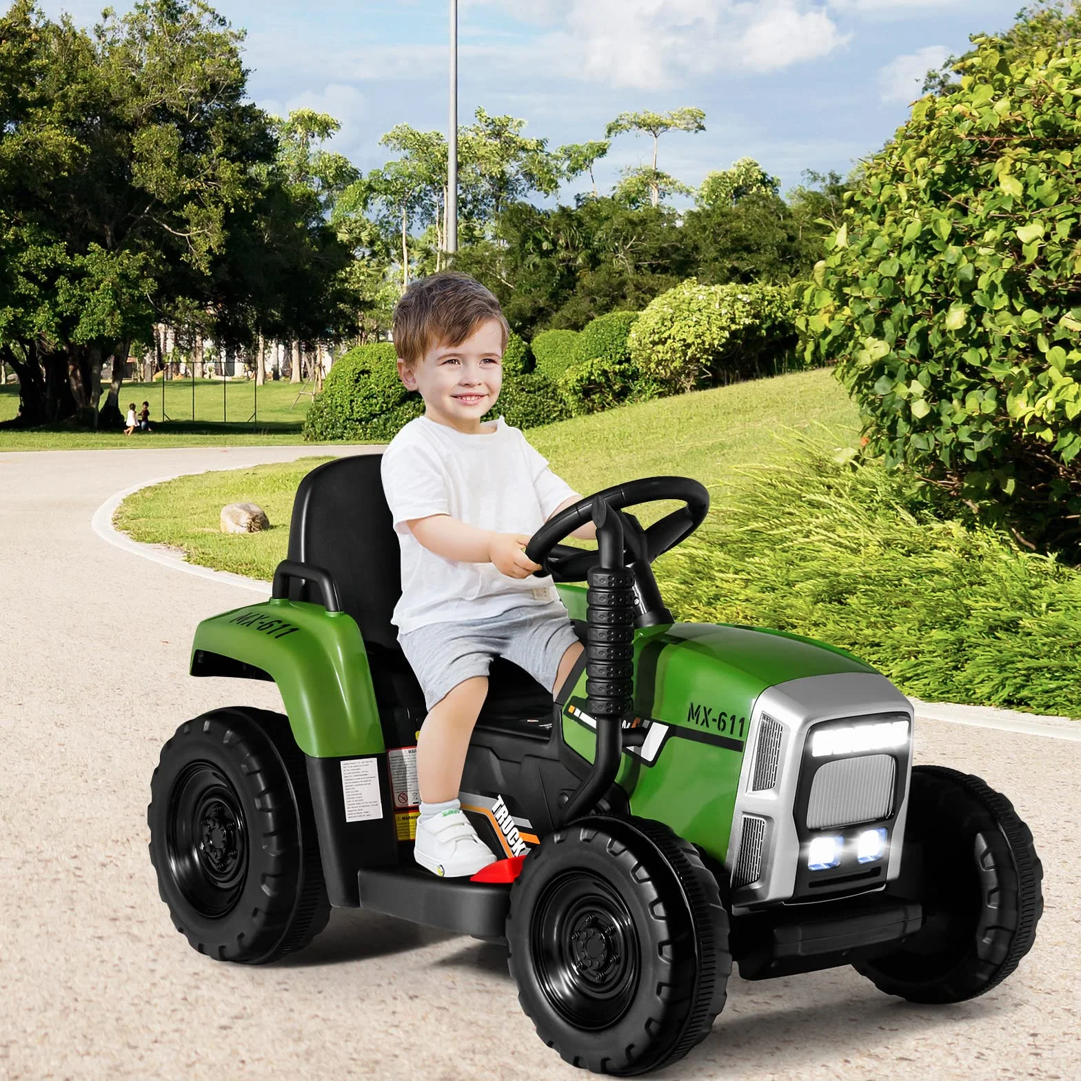 COSTWAY Traktor 12 V, 3-biegowy ze zdejmowaną przyczepą i pilotem zdalnego sterowania 2,4 G, traktor do siedzenia dla dzieci ze światłami LED, muzyka, klakson i funkcje USB, odpowiedni dla dzieci od 3