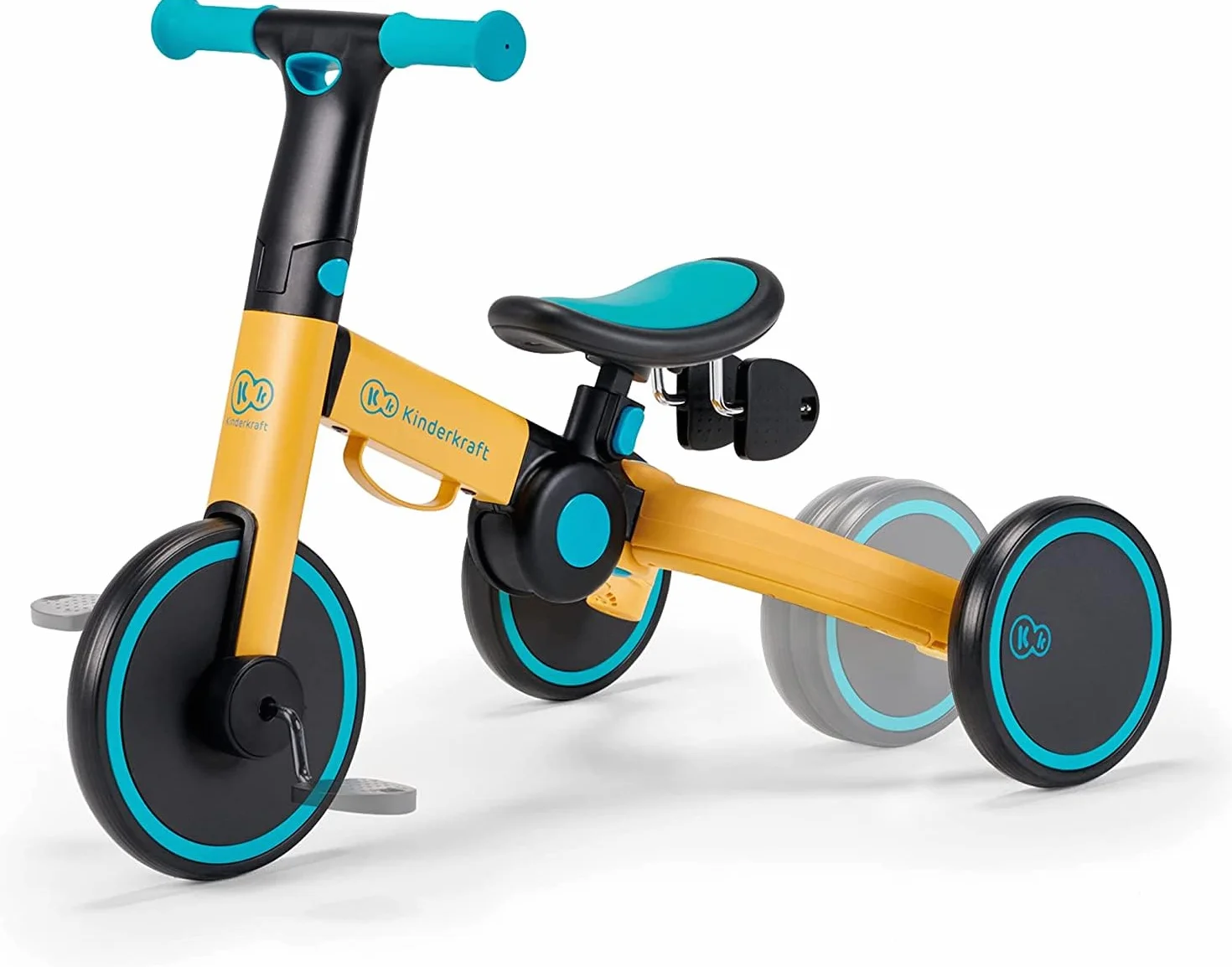 Kinderkraft Trójkołowiec 3w1 4TRIKE, Rowerek biegowy, Pchacz, Wielofunkcyjny, Bezpieczny, Regulowane siodełko, Żółty