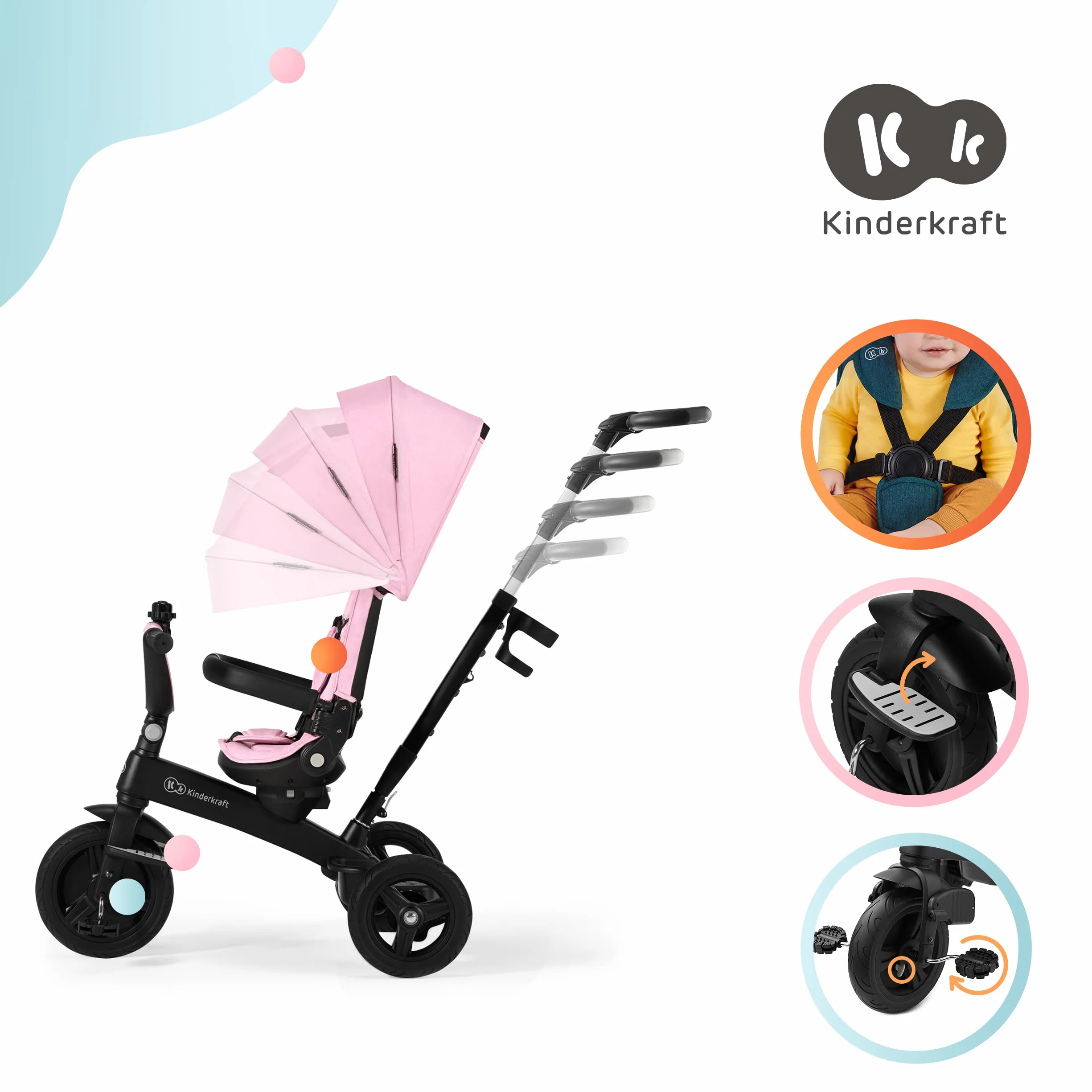 Kinderkraft Rowerek trójkołowy 5w1 TWIPPER, Trójkołowiec, Obrotowe siedzisko 360°, Wolne koło, Daszek przeciwsłoneczny, Akcesoria, Dzwonek, Uchwyt na kubek, od 6 Miesięcy do 5 lat, Różowy