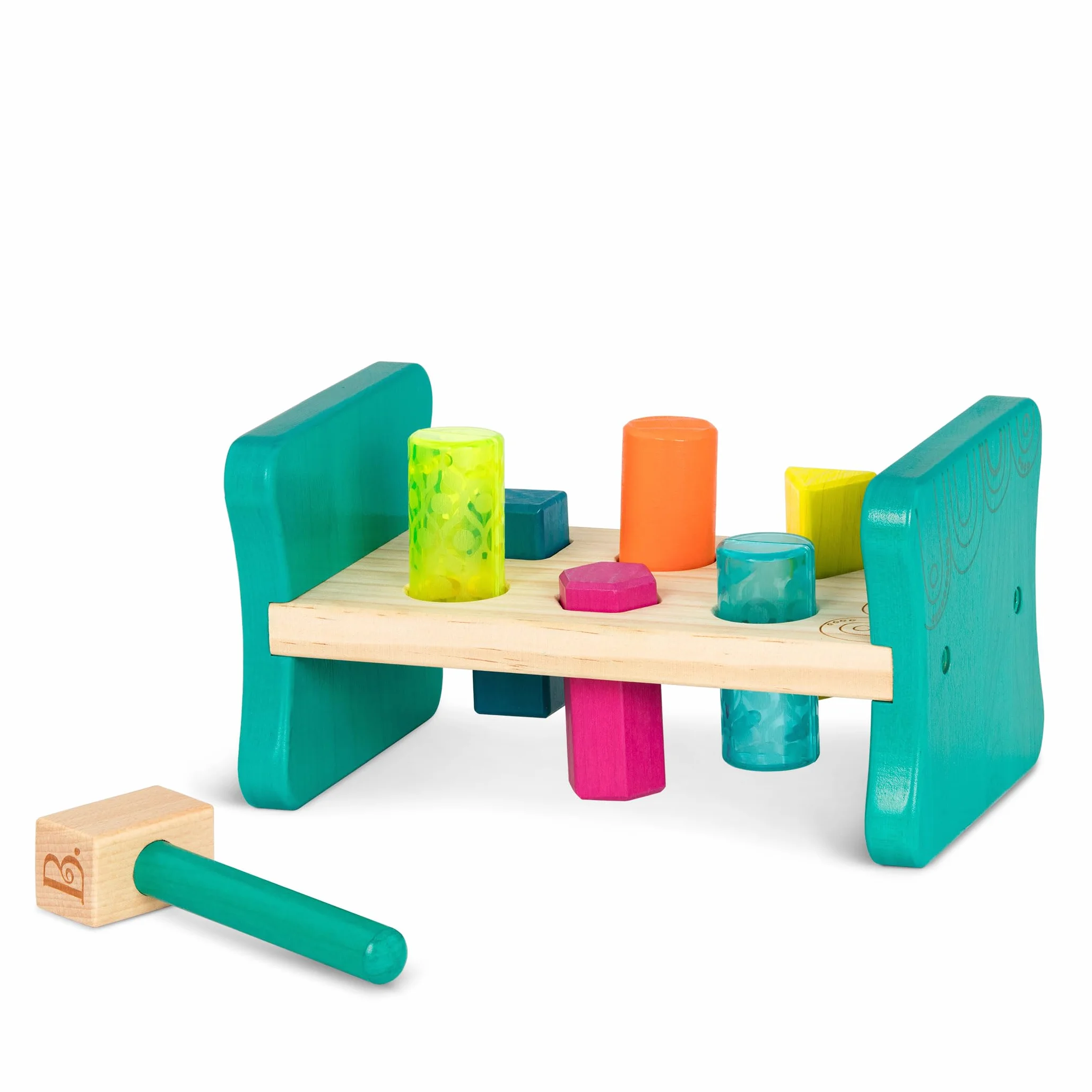 B. toys by Battat BX1762Z drewniana ławka do wbijania - 6 śledzi i młotek zabawkowy - zabawka do sortowania kształtów dla małych dzieci, dzieci - kolorowy funt i zabawa - 2 lata +