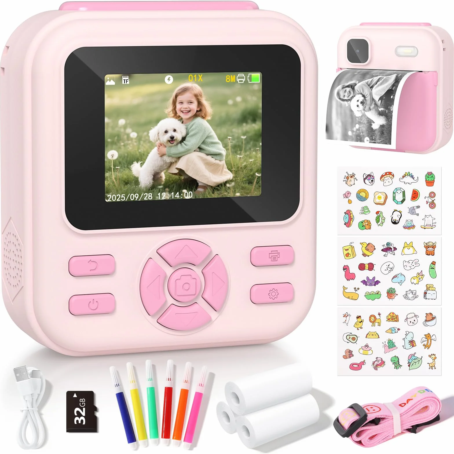 YOHOOLYO Aparat błyskawiczny dla dzieci, 2,4-calowy aparat błyskawiczny dla dzieci z kartą 32 GB i 3 rolkami papieru, cyfrowe zabawki wideo HD 1080P, prezenty urodzinowe w
