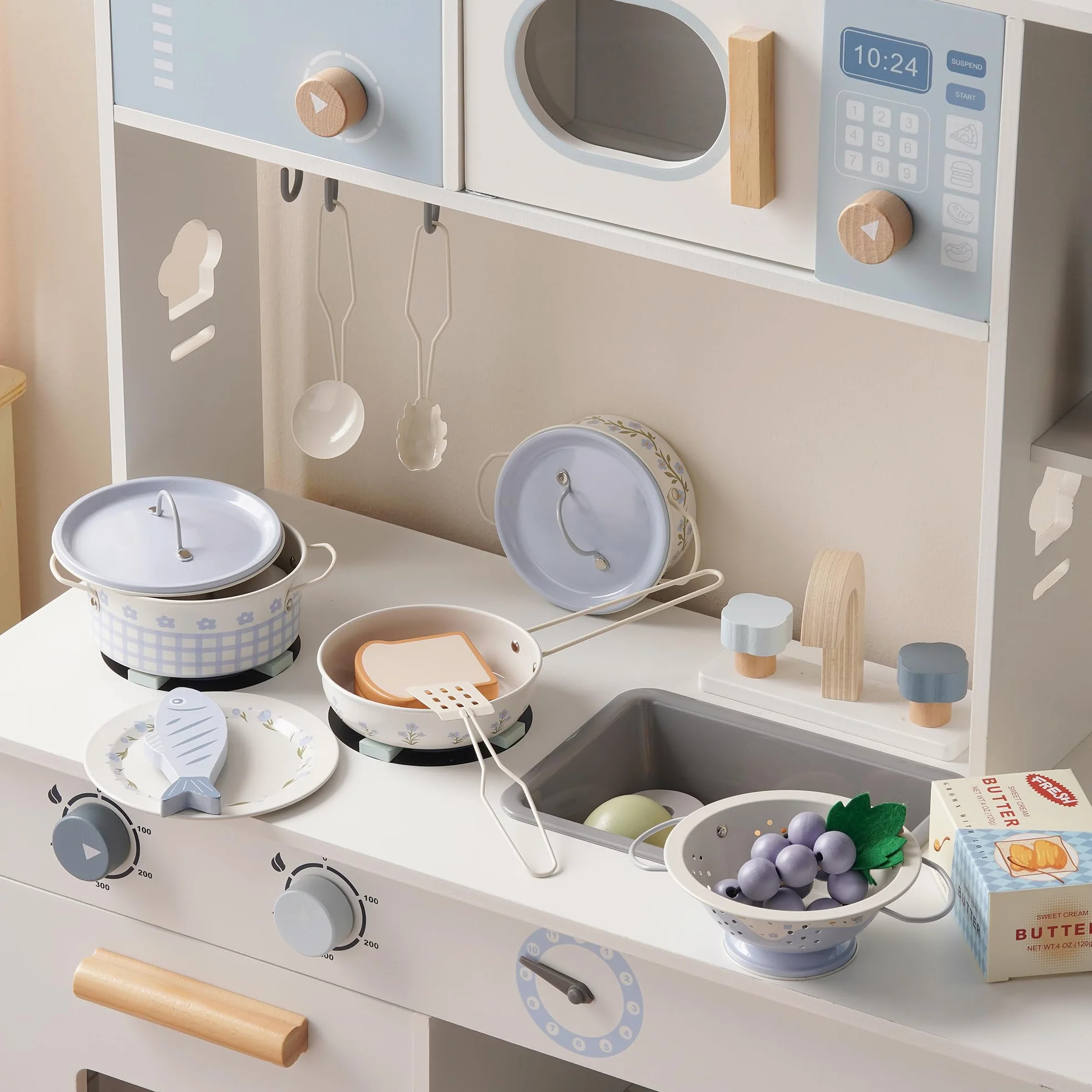 ROBOTIME Blaszane naczynia do gotowania w kształcie niebieskich kwiatów, mini akcesoria kuchenne do zabawy, garnki do zabawy i patelnie, zabawki z torbą siatkową, kremowy francuski styl dla dzieci w