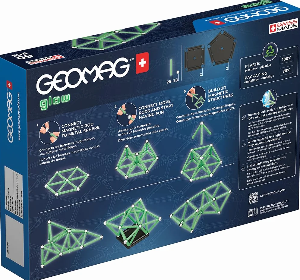 Geomag, Glow Recycled, fosforyzujące konstrukcje magnetyczne, fosforyzujące pręty magnetyczne, opakowanie 60 sztuk, 100% plastik z recyklingu, umiejętności kreatywne