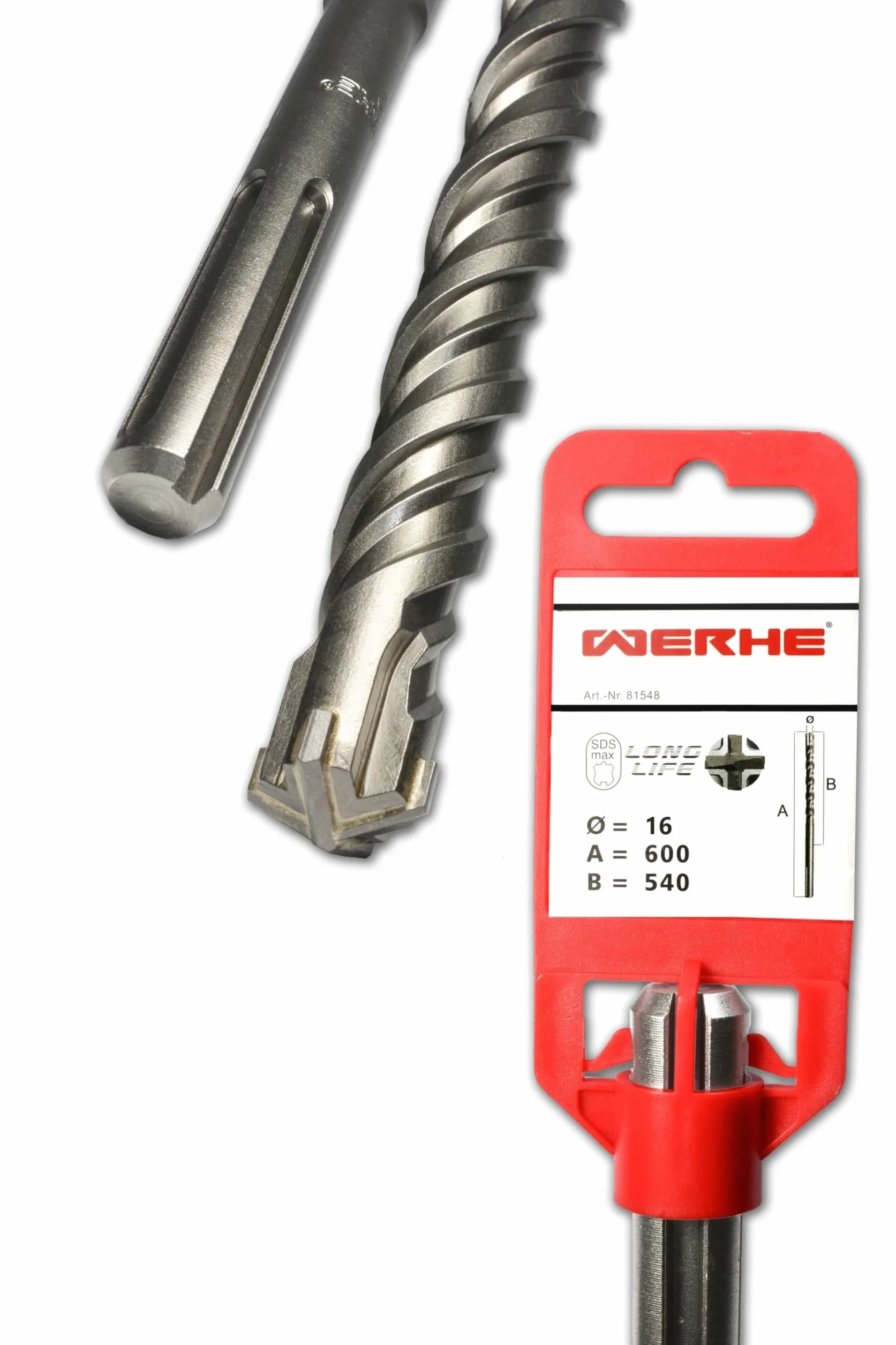 WERHE Wiertło do betonu SDS MAX 16 x 600 mm – Wiertło udarowe do betonu i cegły – 4 krawędzie tnące