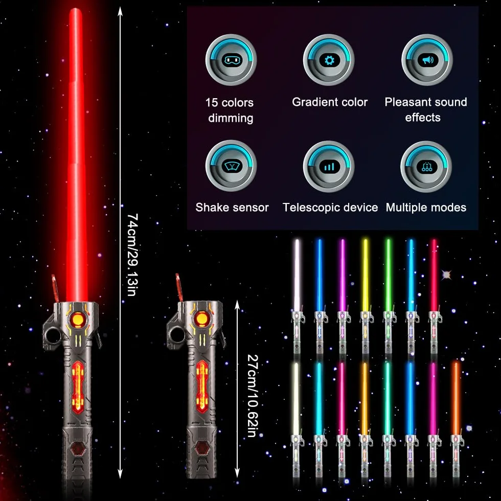 Miecz laserowy zabawka dla dzieci, Lightsaber, RGB 15 kolorów miecz laserowy Star Wars z symulowanymi efektami dźwiękowymi świecący miecz laserowy, wysuwany miecz świetlny 2 w 1 dla dzieci
