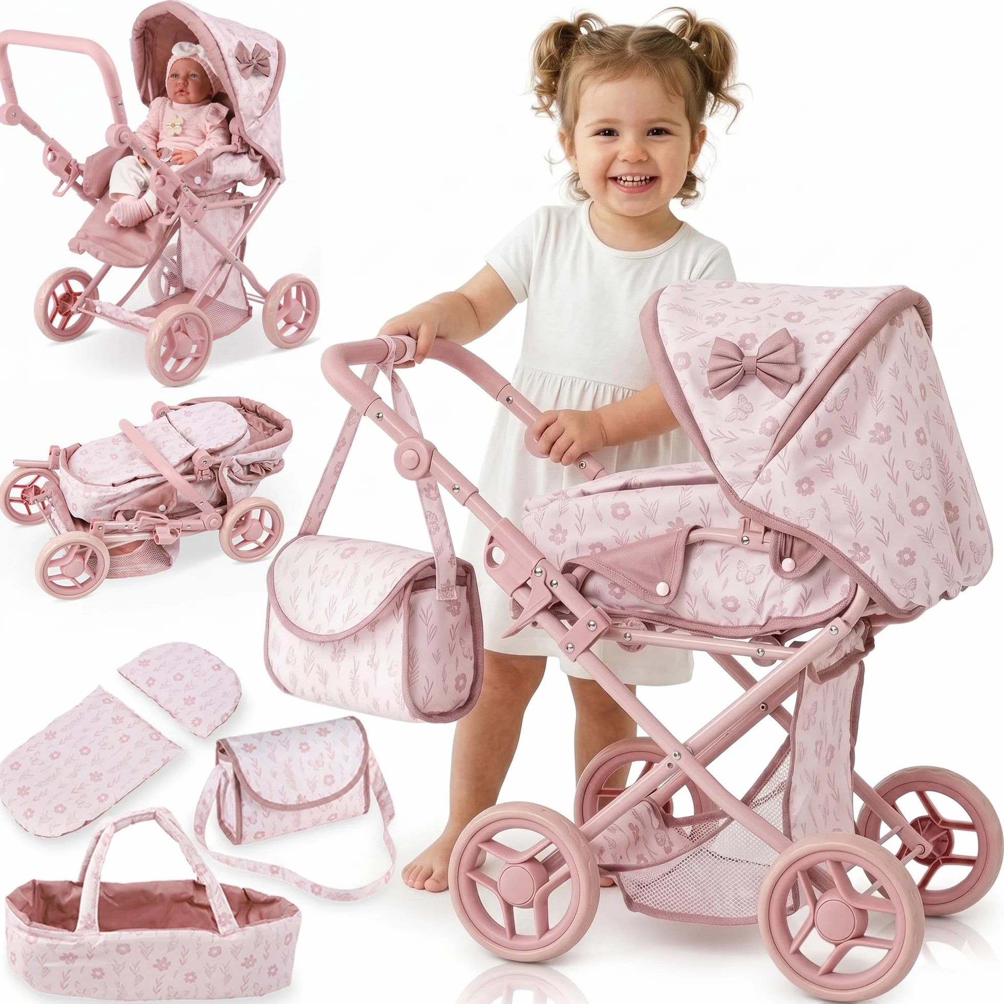 Kinderplay Wózek dla lalek 3 w 1 z torbą do przenoszenia, wózek dla lalek z regulacją wysokości 36,5-64 cm, składany wózek dziecięcy z cichymi kółkami piankowymi, dla lalek do 40 cm, od 3 lat