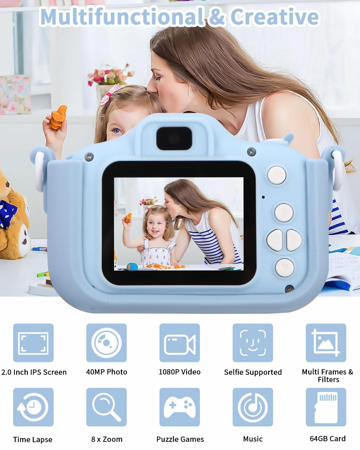 Azyvum Aparat dla dzieci 1080p 64GB 2,0" IPS kamera cyfrowa selfie