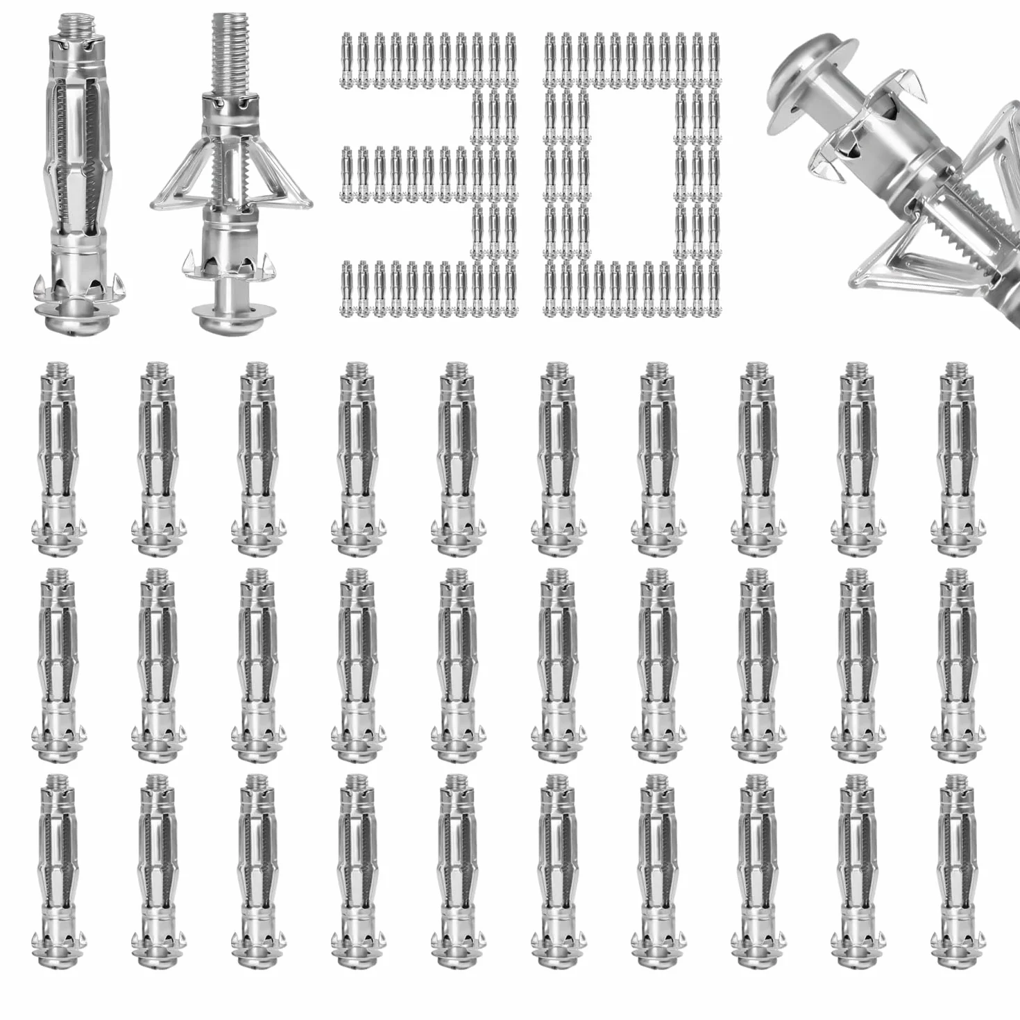 30 sztuk kołków rozporowych ze stali węglowej Typ Petal śruby ocynkowane zestaw kołków rozporowych M6 x 52 mm kołki rozporowe bardzo mocne kołki ścienne metalowe do ścian, ścian i płyt drewnianych,