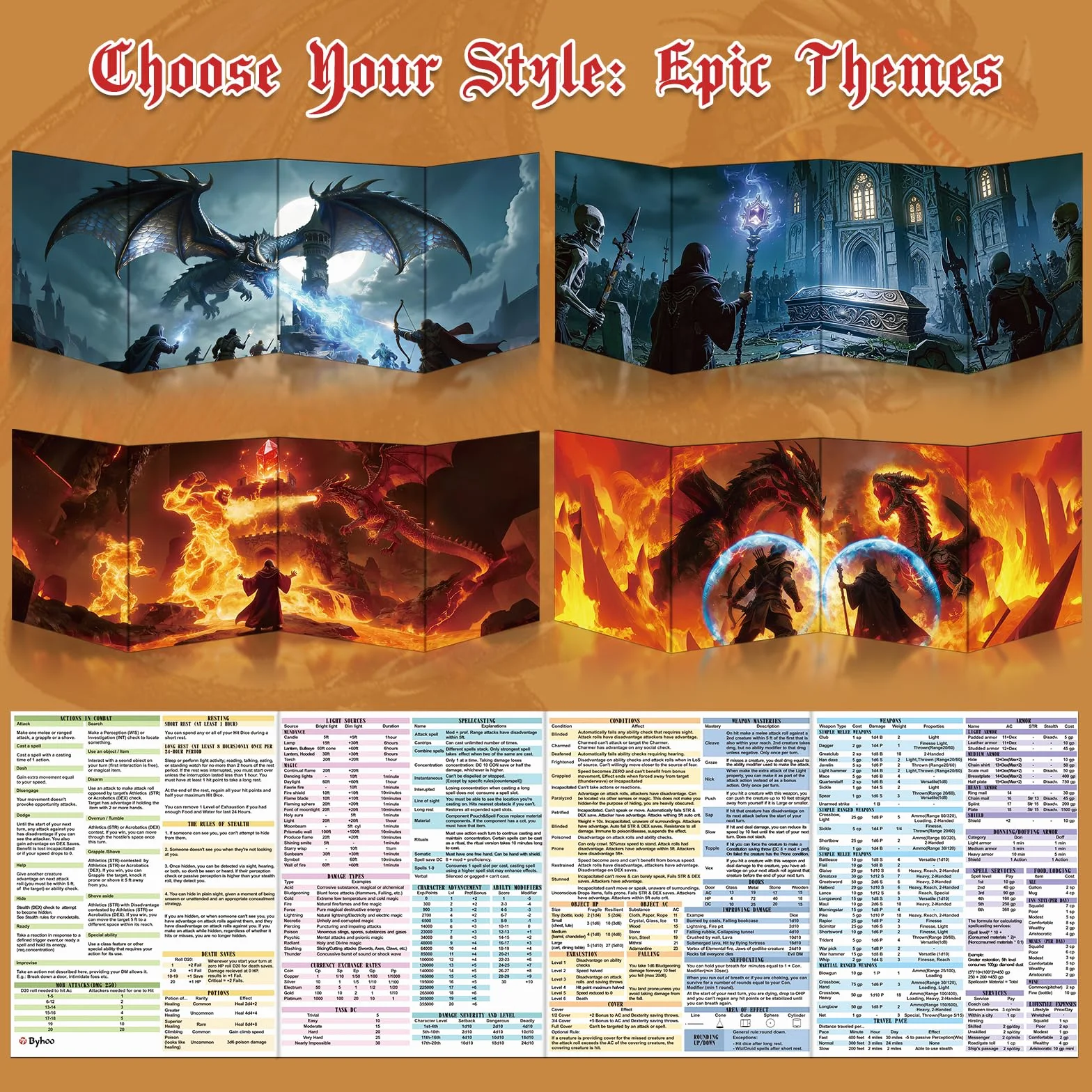 Byhoo Ekran DM 2 sztuki do D&D 5E – Epic Themes akcesoria DND, wodoodporne, wielokrotnego użytku, potrójnie składany, przenośny, format A4, kompatybilny z zasadami rdzenia 5E