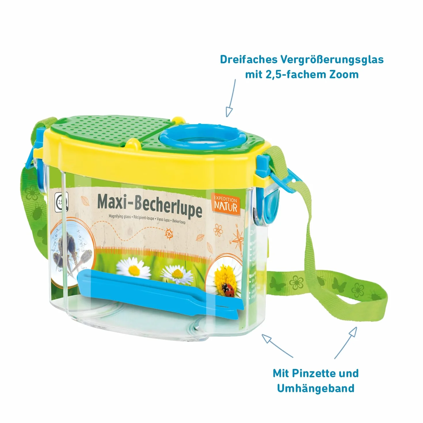 moses 8062 Maxi lupe-Expedition Natur, z 2,5-krotnym powiększeniem, bardzo duża lupa z taśmą do zawieszania, do obserwacji owadów lub liści, kubek powiększający dla dzieci