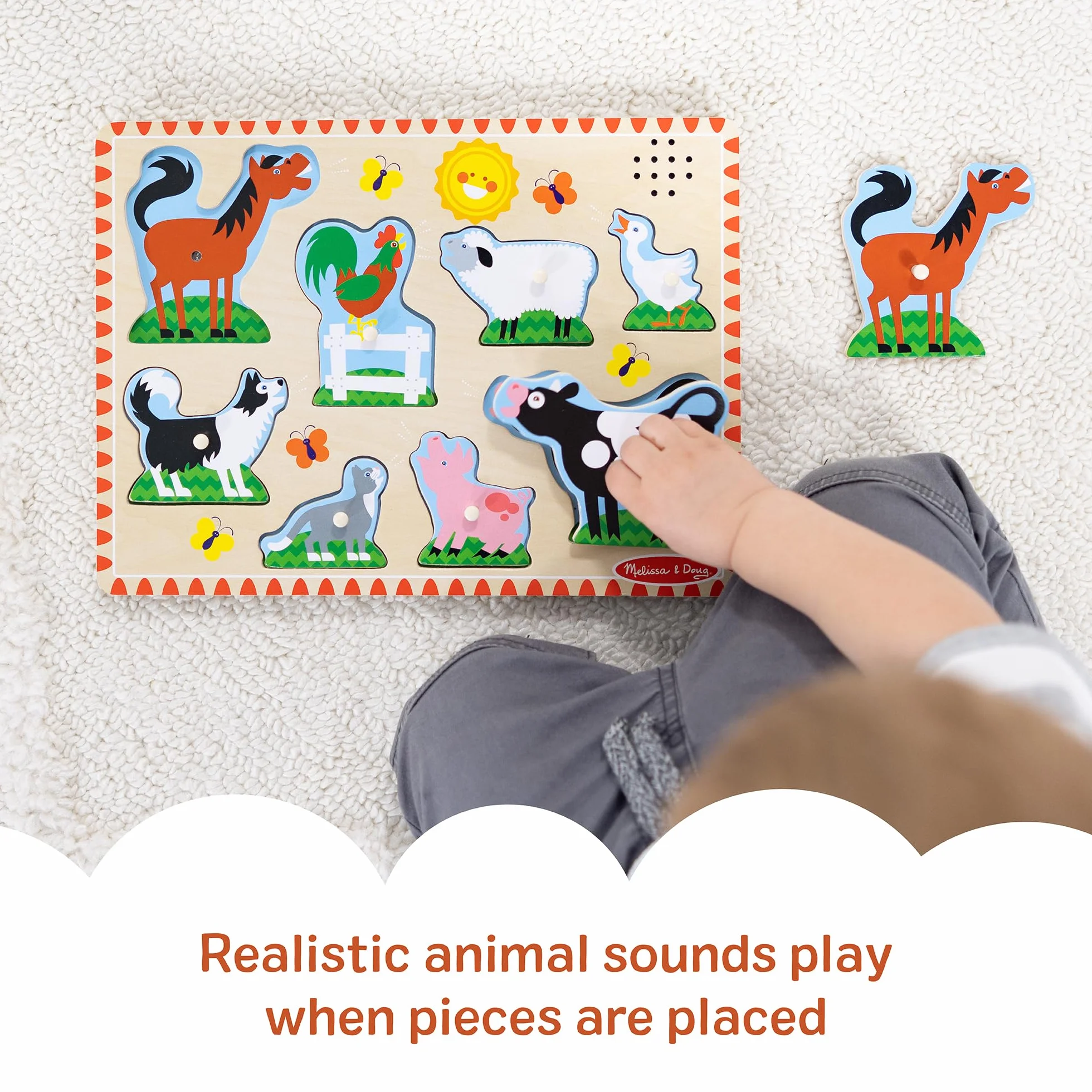 Melissa & Doug Puzzle dźwiękowe ze zwierzętami gospodarskimi, drewniane kołki, zabawka edukacyjna dla dzieci w wieku 2-4 lat