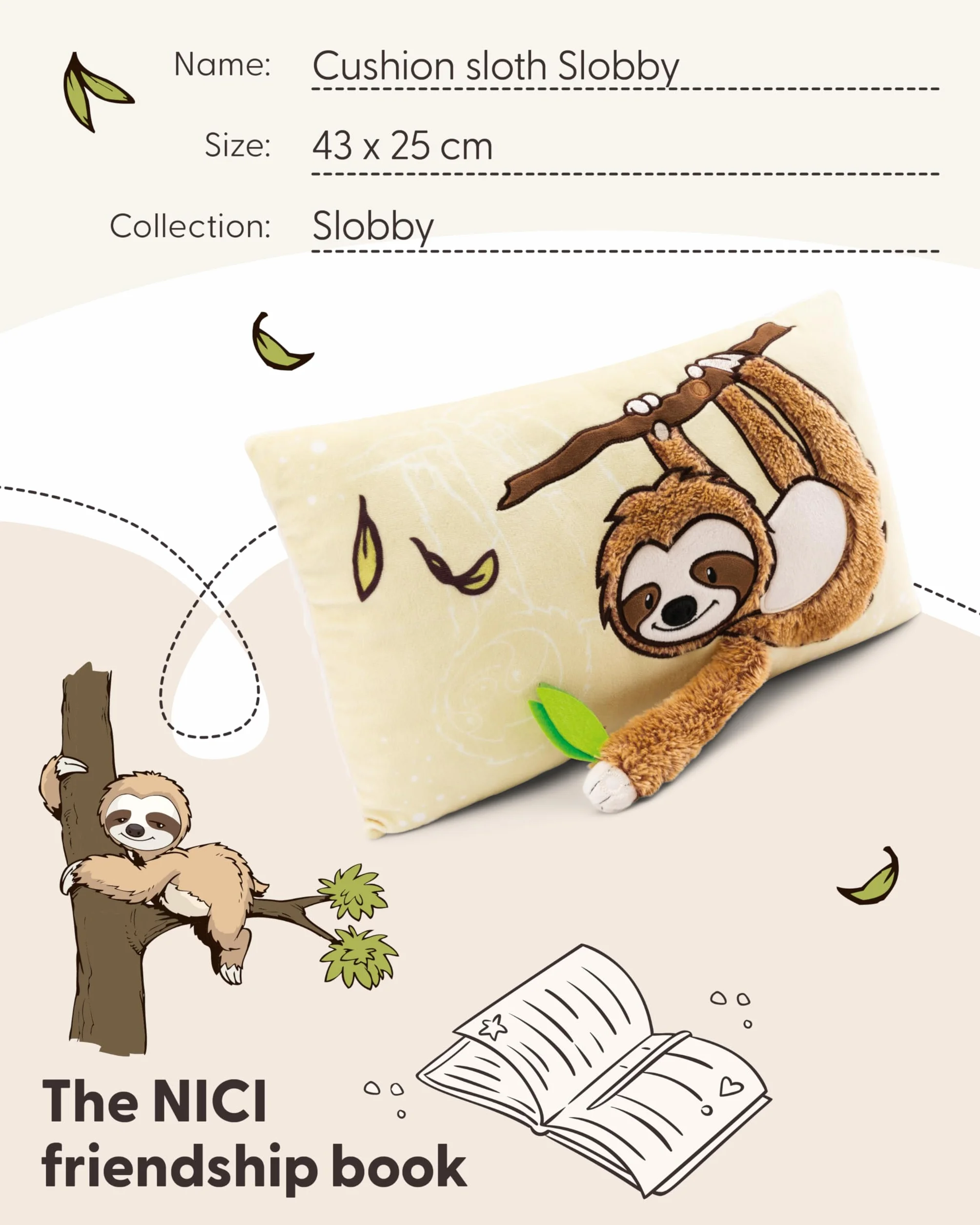 NICI poduszka Leniwiec Slobby 43x25 cm brązowy - Puszysta poduszeczka dla chłopców, dziewczynek, i niemowląt - idealna do domu, przedszkola lub w podróży - 61216