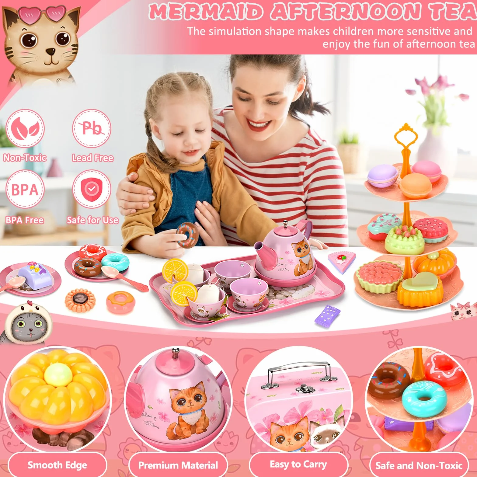 ZLPBAO 48 sztuk Zestaw do herbaty dla dzieci, zastawa stołowa dla lalek Zestaw kuchenny dla dzieci z blaszanym czajnikiem, Kitchen Tea Party