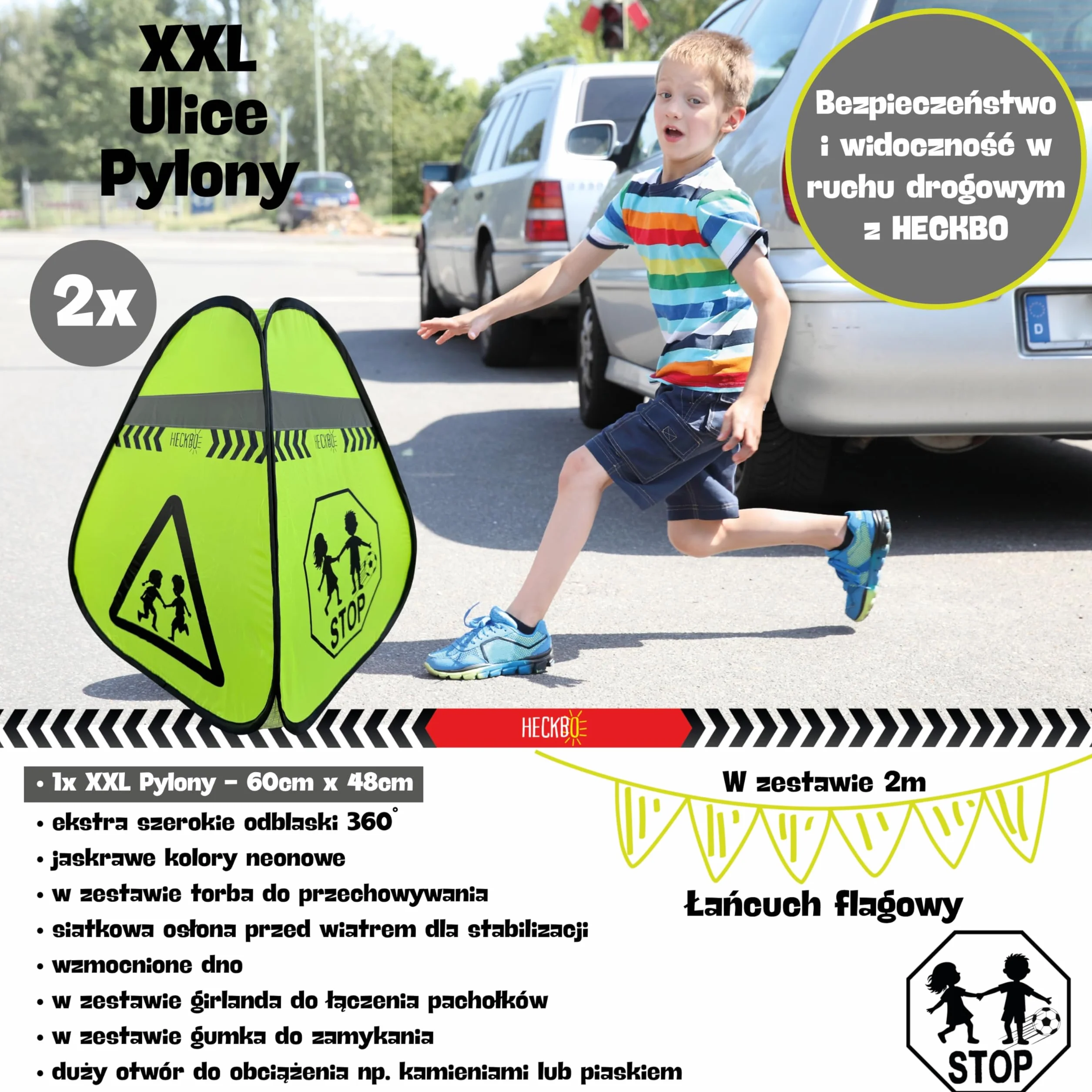 HECKBO 2x Pylony Uwaga Dzieci Znak Pylony do zabawy Pylony + Łańcuch chorągiewek - Pylony uliczne dla dzieci Zestaw bezpieczeństwa dla dzieci