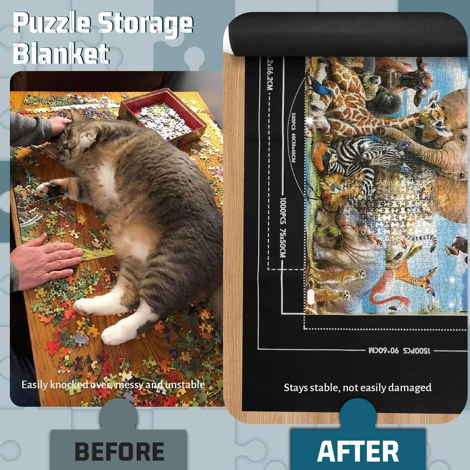 Mata do puzzli, 500, 1000, 1500 elementów, podkładka do puzzli, do 1500 puzzli, mata rolowana z 4 filcowymi miseczkami do sortowania, do przechowywania puzzli