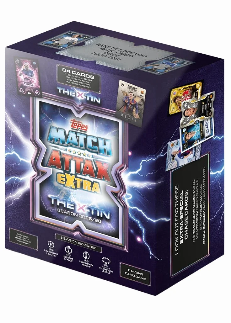 Topps UCC Match Attax Extra 2026 - X Tin - zawiera 64 karty oraz kartę X Greats-LE i dodatkową kartę Electrix-LE.