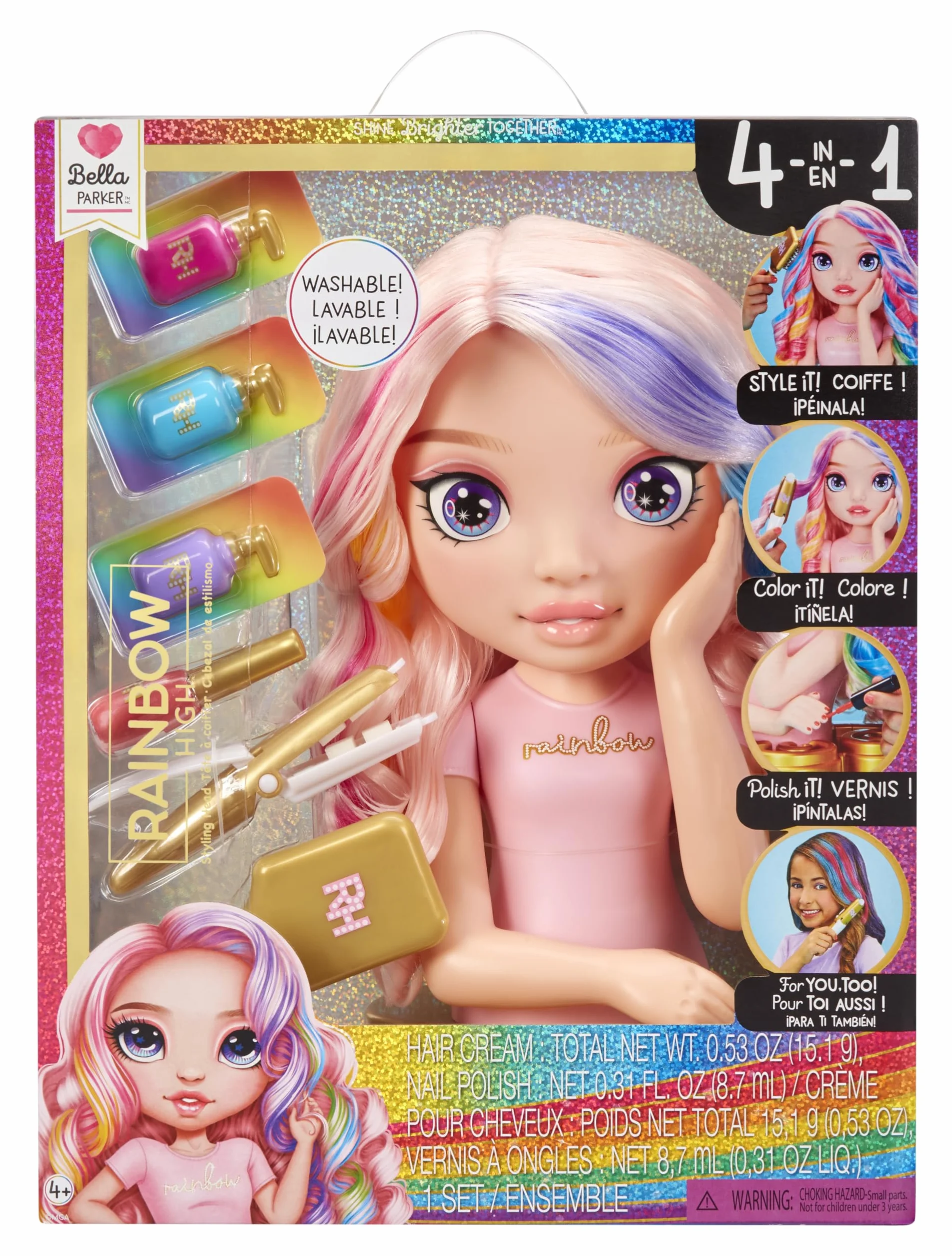 Rainbow High Styling Head - 33 cm Bella - Zestaw 4 w 1 z Kremem, Lakierem do Paznokci, Szczotką i Narzędziem do Farbowania Włosów. Stylizuj, Farbuj, Maluj, Spłukuj i Powtarzaj, dla Dzieci w Wieku 4-12